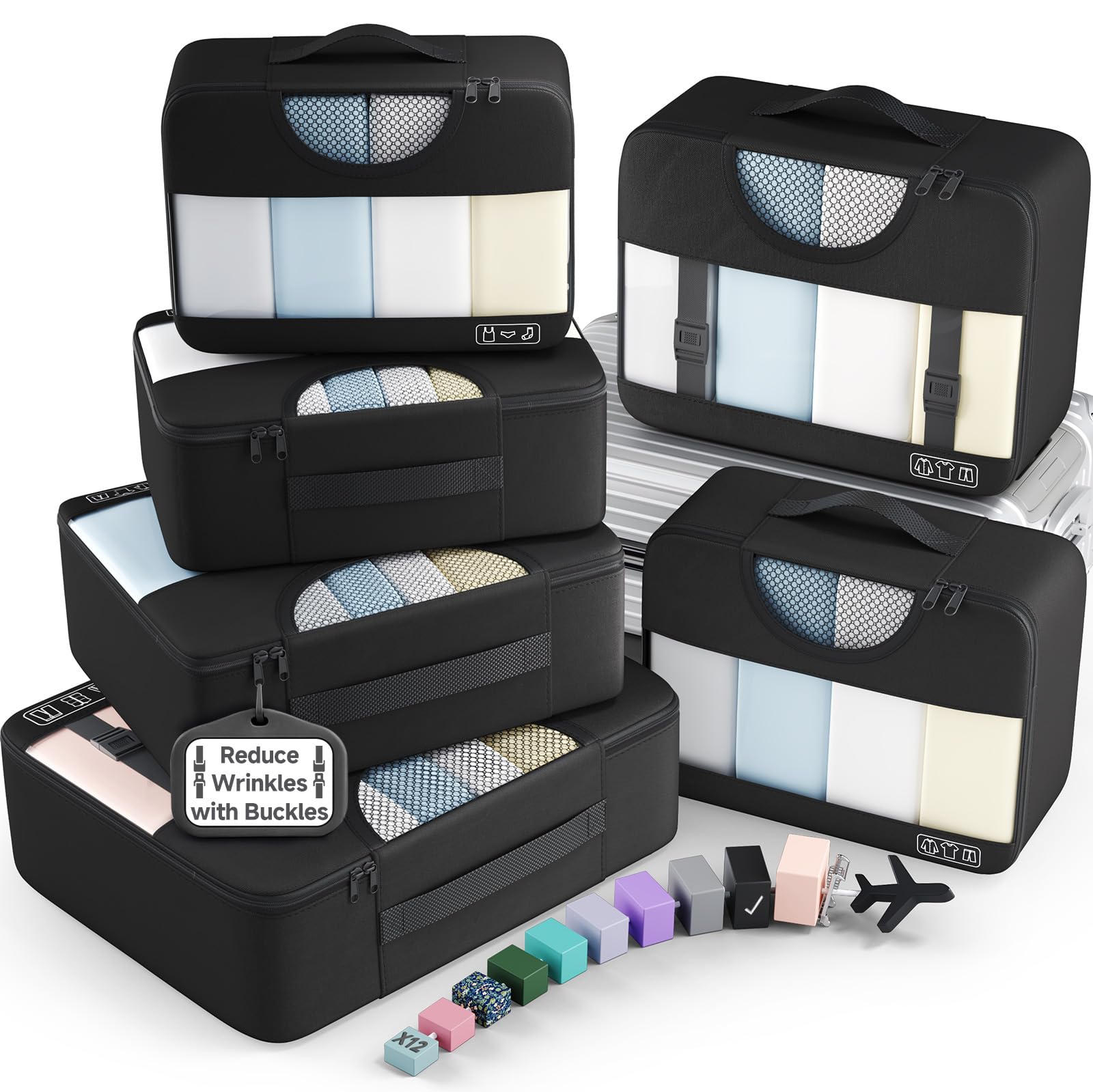 Veken 6 Set Packing Cubes for Travel Essentials,Anti-Wrinkle Buckled Suitcase Organizer for Shoe &amp; Toiletry Bag,Carry On Luggage Bag for Airplane &amp; College Dorm Room Accessories,Women Men Gifts