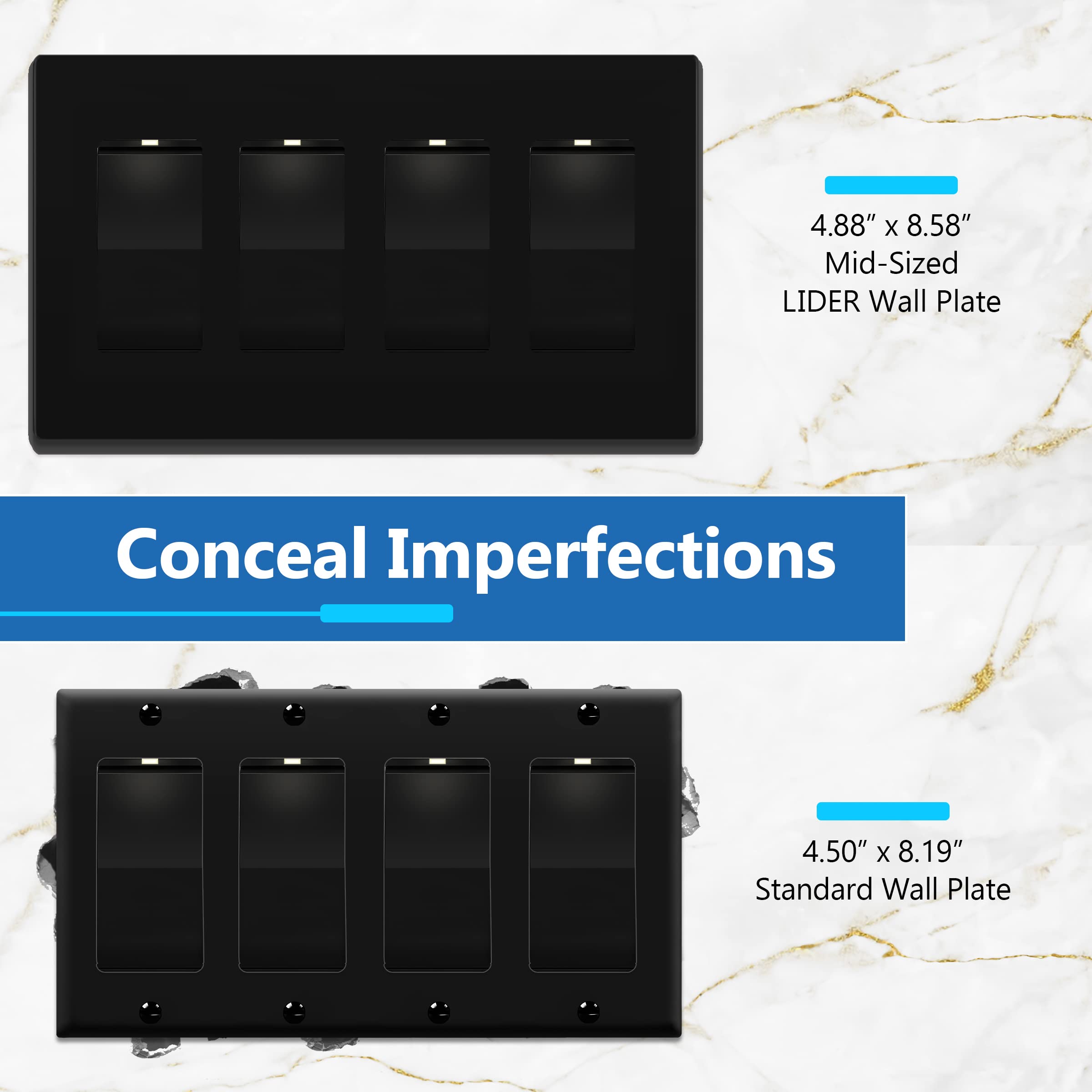LIDER Copertura per interruttore quadrupla con finitura opaca, piastra da parete senza viti, 4 moduli di medie dimensioni, 12,40 cm x 21,79 cm, policarbonato termoplastico, certificazione UL, LSWP