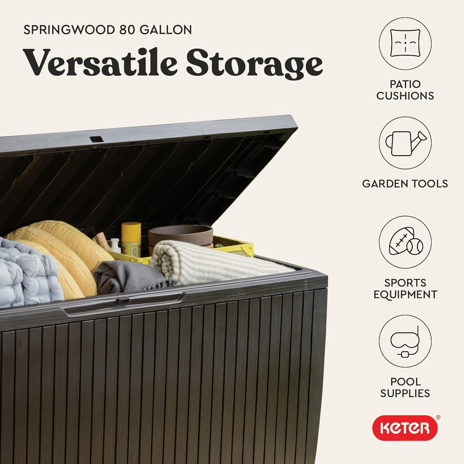 Keter Springwood 80 Gallon Resin Outdoor Storage Box for Patio Furniture Cushions, Pool Toys, and Garden Tools with Handles, Brown - Image 10