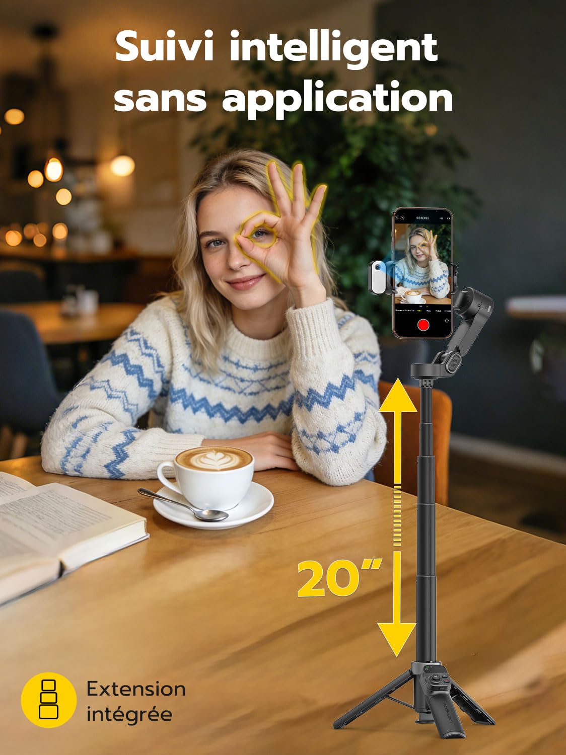 AOCHUAN Stabilisateur de cardan pour iPhone, Module de Suivi IA et éclairage d'appoint, stabilisation 3 Axes avec télécommande magnétique, Fixation trépied en Un clic, rallonge intégrée, Smart X3 AI
