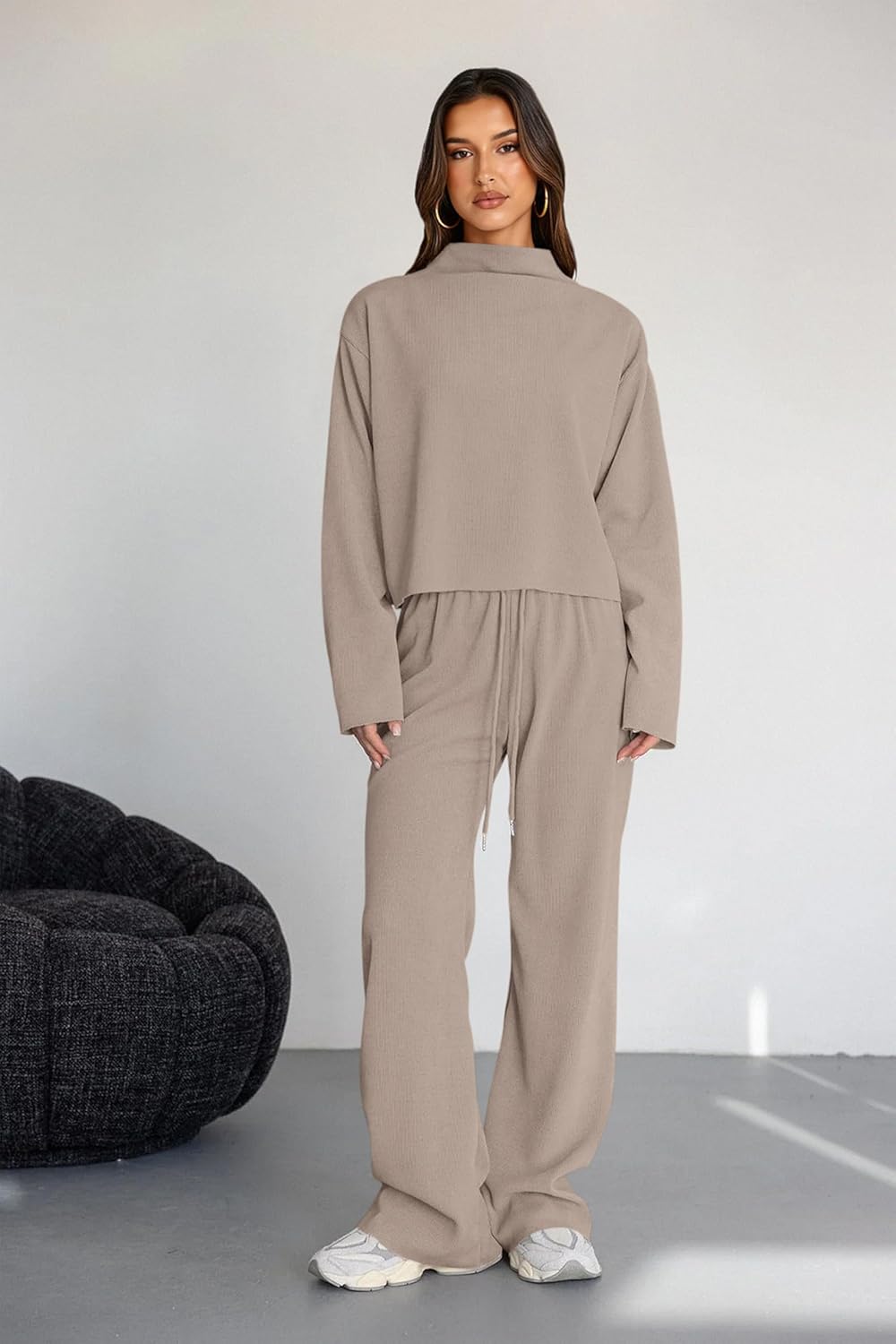 PRETTYGARDEN Women Spring Sweatsuits Two Piece Sets Mock Neck Long Sleeve Knit Tops Wide Leg Pants Lounge Set Travel Outfits - Image 2