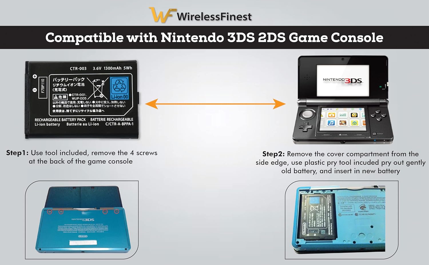 Battery 1400mAh CTR-003 Replacement for Nintendo 3DS 2DS CTR 003 Game Console Handheld + Tool Screwdriver Repair Kit