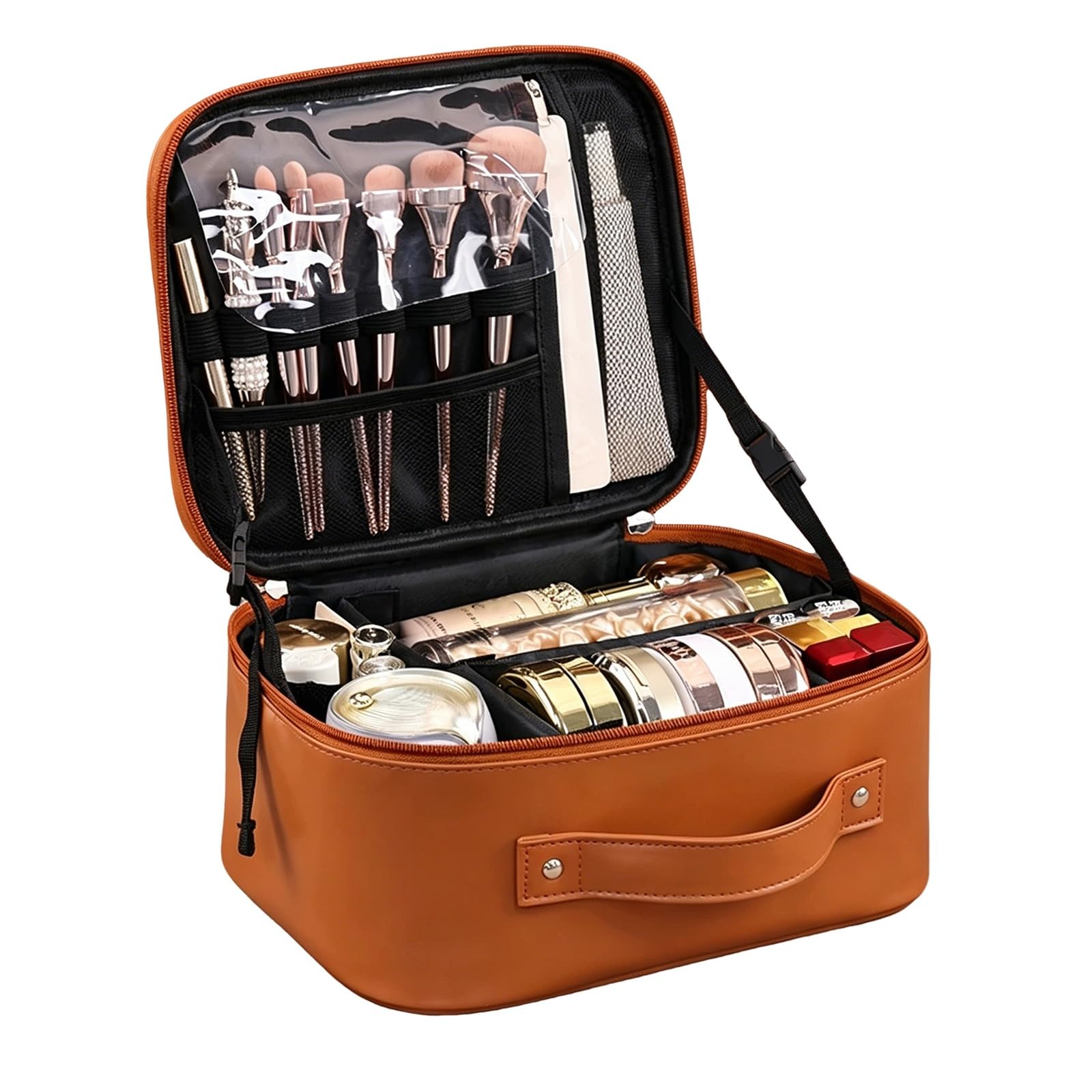 Beauty Case da Viaggio, Beauty Case da Appendere per Donna, Ideale per San Valentino, in PVC Trasparente Impermeabile, con Divisorio Interno Rimovibile e Chiusura con Fibbia(Brown)