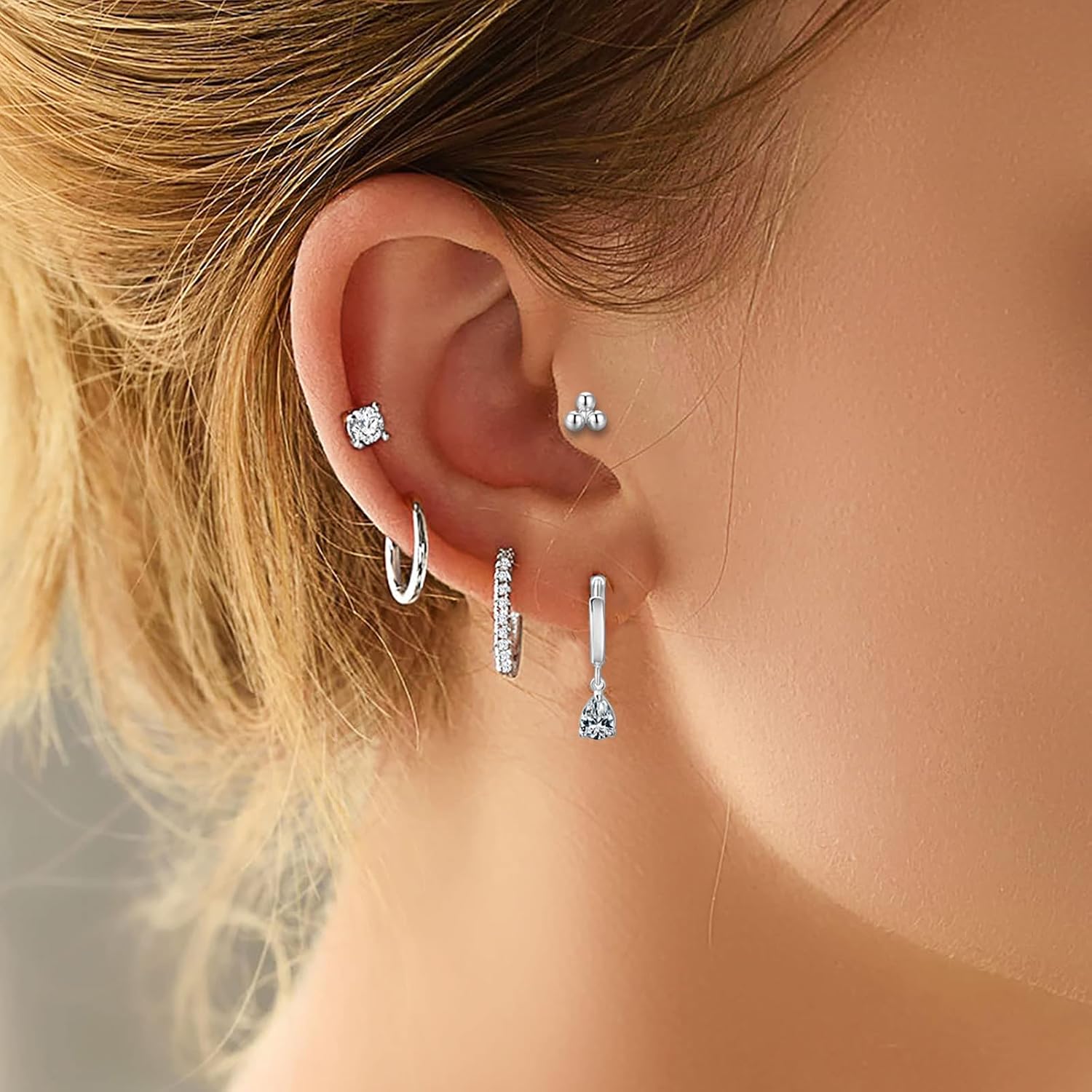 Hypoallergenic Flat Back Earrings for Cartilage Earring Set for Multiple Piercing Sterling Silver Huggie Hoop Earrings for Women 14K Gold Small FlatBack Stud Trendy Earring Stacks