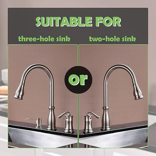 Vista 61 de APPASO Grifo de cocina de 3 agujeros con rociador desplegable de níquel cepillado, grifo de cocina de 3 piezas con dispensador de jabón y mango