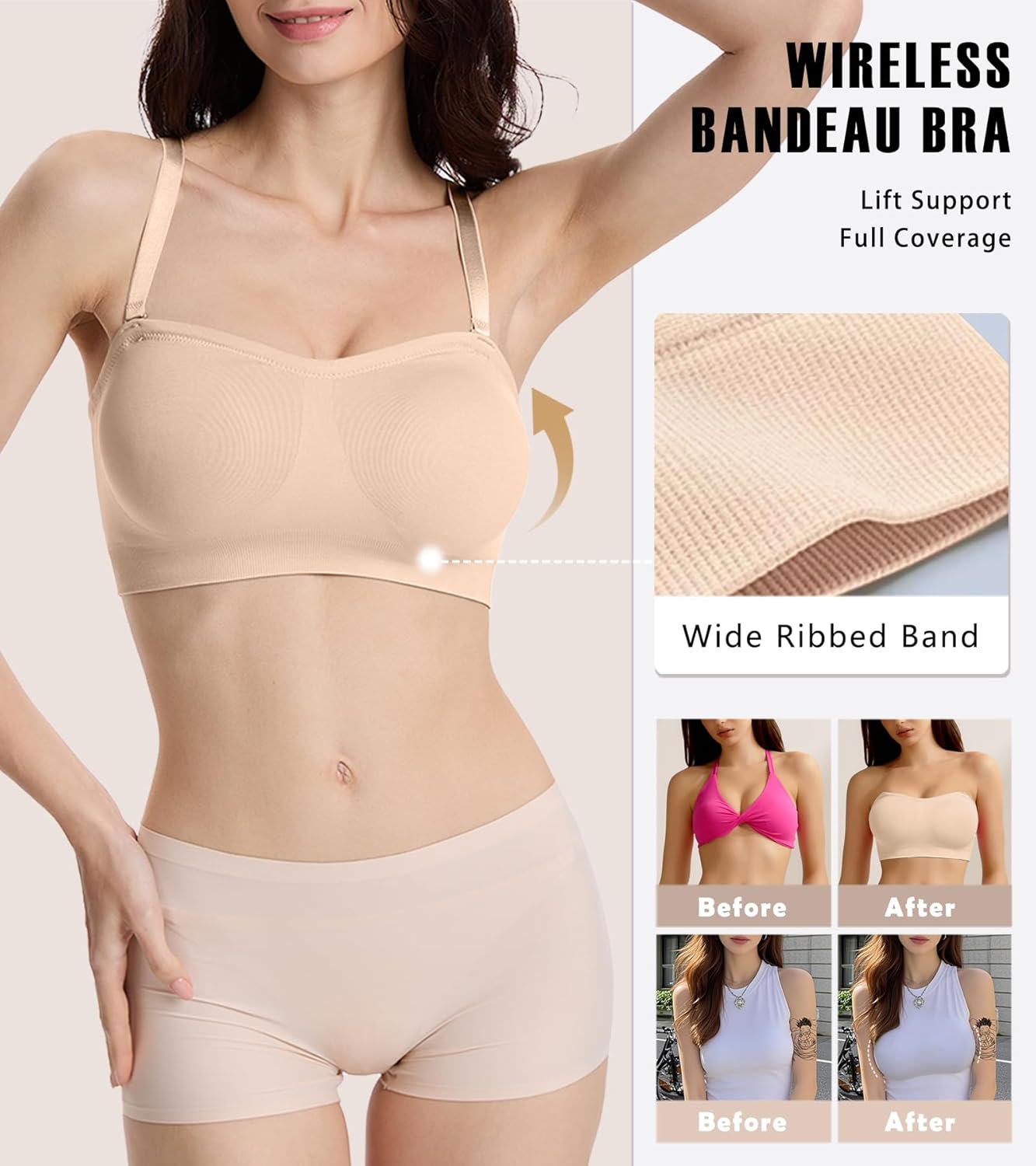 Strapless Bras for Women Padded Bandeau Bra Non-Slip Wireless Push Up Invisible Silicone Tube Top Bralette - Image 3