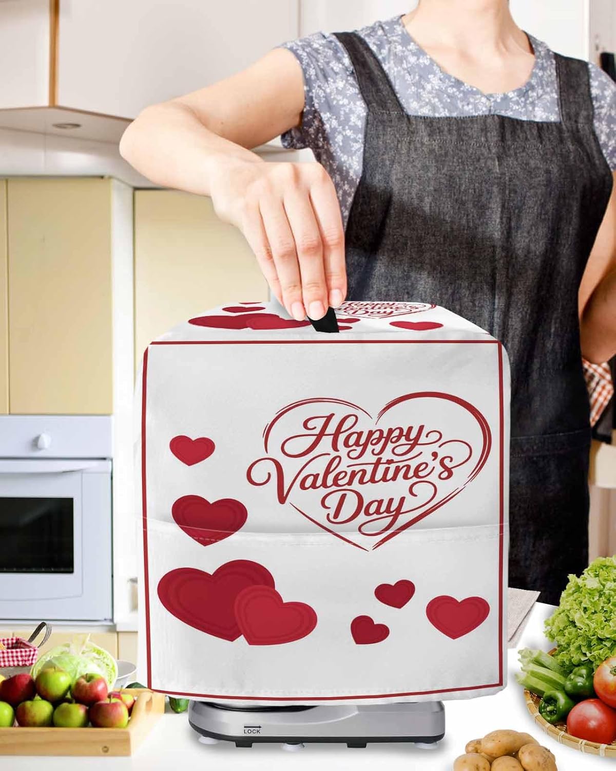 Valentine's Day Stand Mixer Cover with Storage Pocket, Waterproof Kitchen Mixer Covers, Red Love Heart Modern Minimalist Kitchen Appliance Dust Cover Compatible with 5-8 Quart Mixers