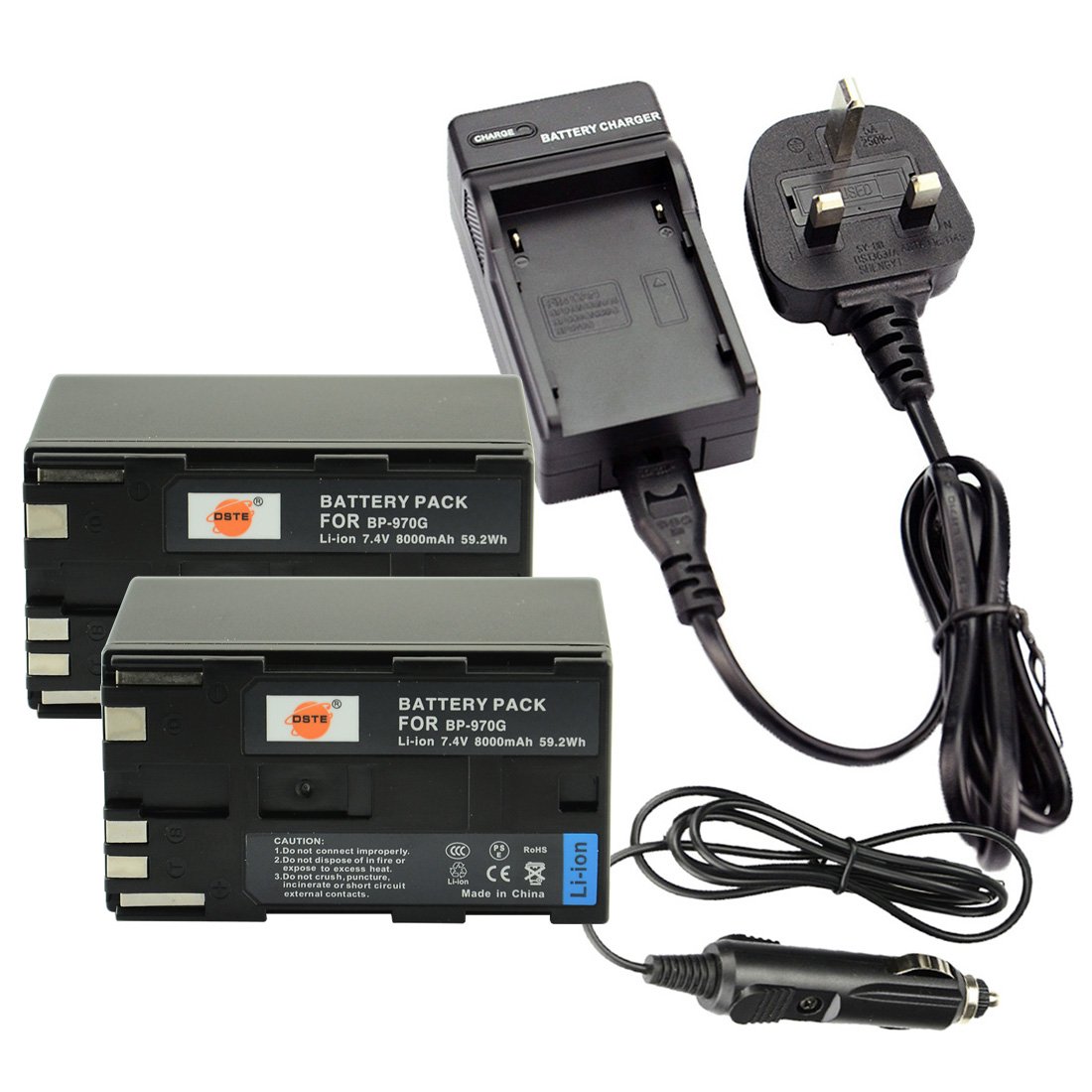 DSTE 2 x BP-970G batteria ricaricabile Li-ion + DC25U viaggio e Adattatore caricabatterie da auto per Canon BP-975, XLH1, XHG1, XHA1, XL2, XM2, XH G1S, XH A1S, XL H1S, XL H1A, XF305, XF300, XF105, XF100 Fotocamera digitale