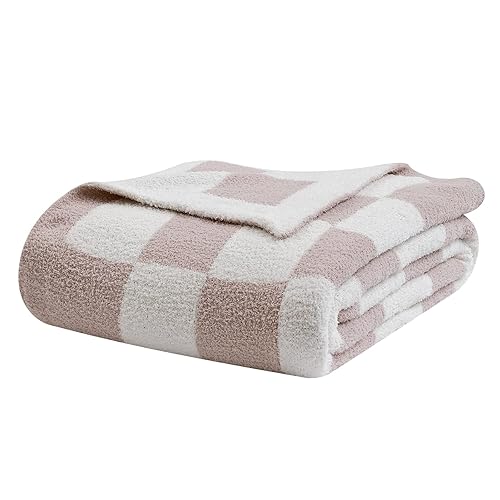 bearberry Fuzzy Checkerboard Grid Throw Blanket Knitted Soft Cozy Warm Microfiber Bed Blanket Decor for Couch Sofa Bed Travel Home (Cream, 60''x80'')