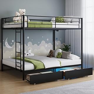 Full Over Full Metal Bunk Bed with LED Lights, USB Charging Station, 2 Drawers, Guard Rails & Ladder – No Box Spring Needed, Easy Assembly, Black