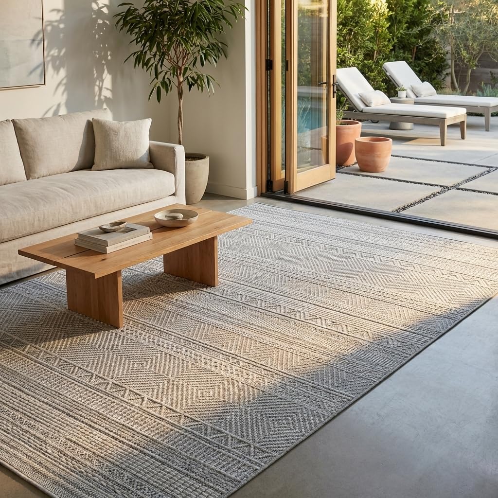 Tapis XL salon grand format tapis terrasse extérieur gris géométrique 240x340
