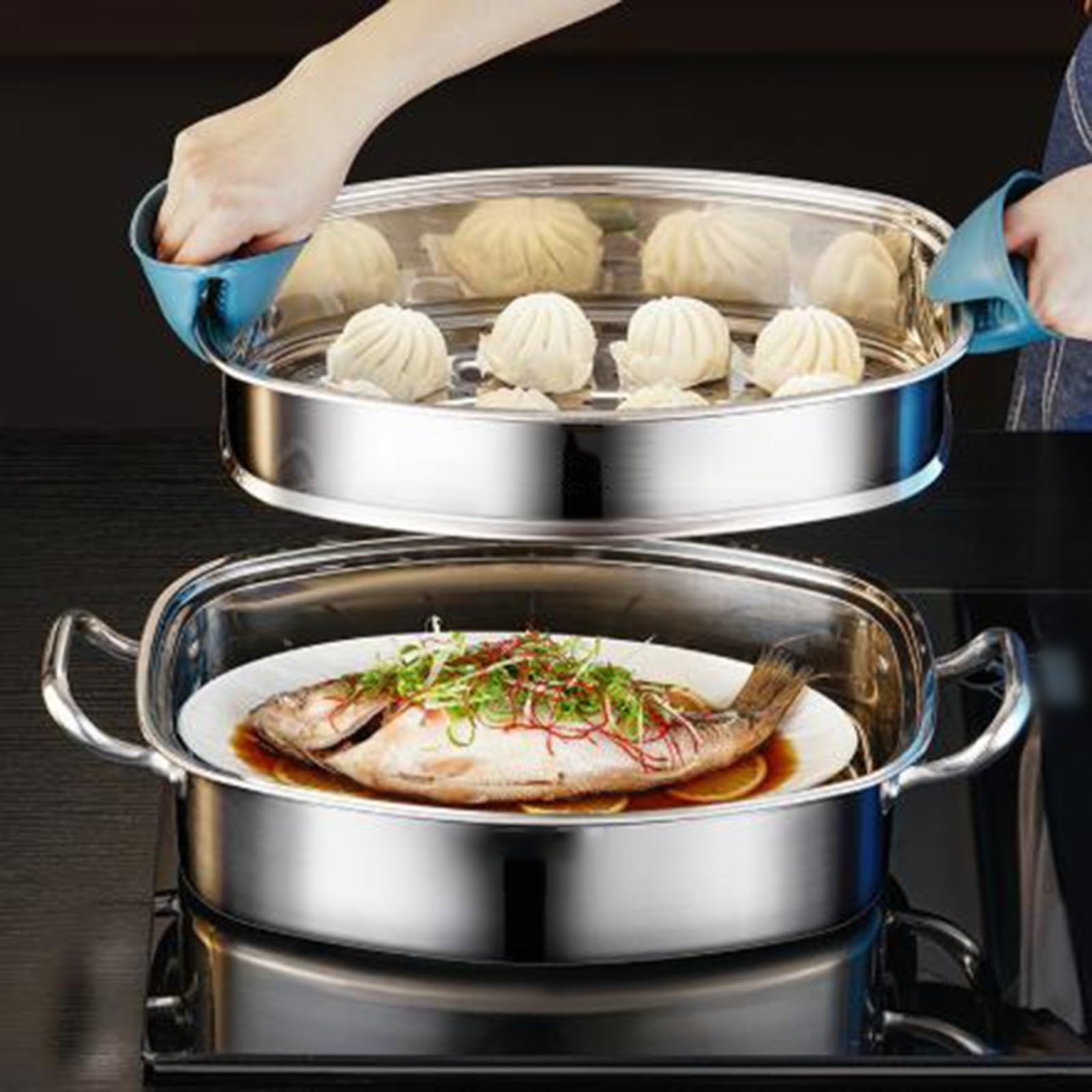 Grande set ovale per pesce in acciaio inox, 38 cm, con griglia, per zuppa di pesce intero, verdura, pulizia rapida, argento