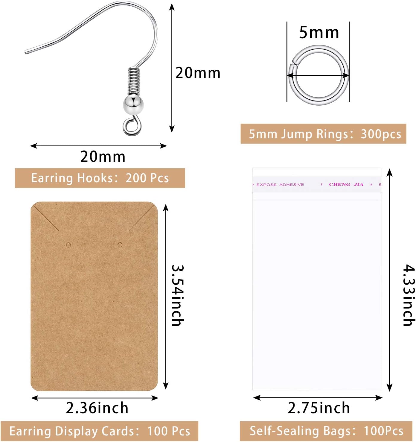 950 Pieces Earring Making Supplies Kit, Hypoallergenic Earring Fish Hooks, Jump Rings, Clear Earring Backs, Earring Display Cards and Self-Adhesive Bags for DIY Jewelry Accessory Display