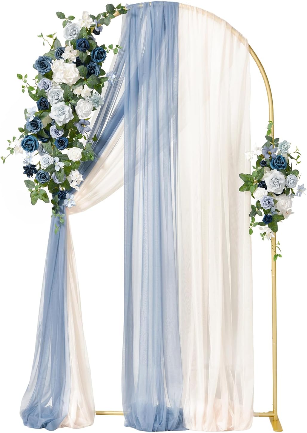 Ling's moment Wedding Arch Backdrop Stand with Flowers - 7.2FT Metal Arch Frame with Drapes for Ceremony Decor - Artificial Floral for Birthday Party, Bridal Shower, Spring Outdoor, Dusty Blue Navy