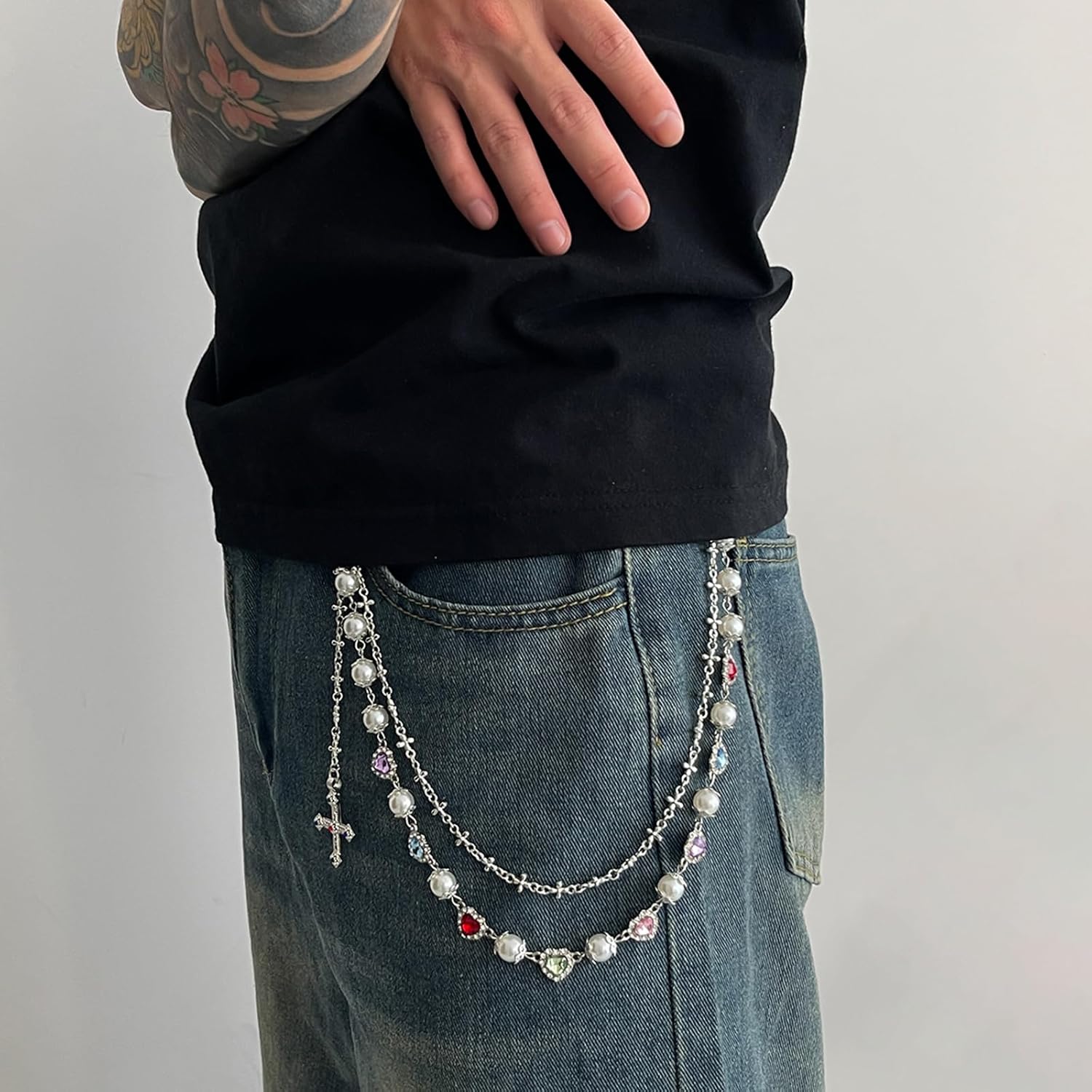 Fashion Layered Pants Wallet Chains - Exquisite Gold Silver Rhinestone Flower Pearl Jean Pocket Chain for Women Men Cute Bag Purse Charms Jewelry - Image 3