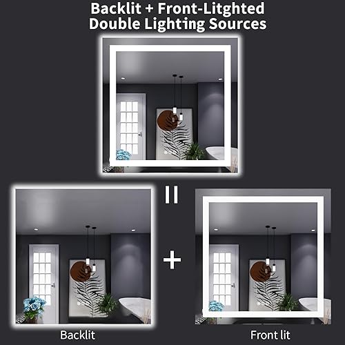 Miniatura 5 de LOAAO Espejo de baño LED de 32 x 32 pulgadas con luces, antiniebla, regulable, retroiluminado + iluminado frontal, espejo de tocador de baño