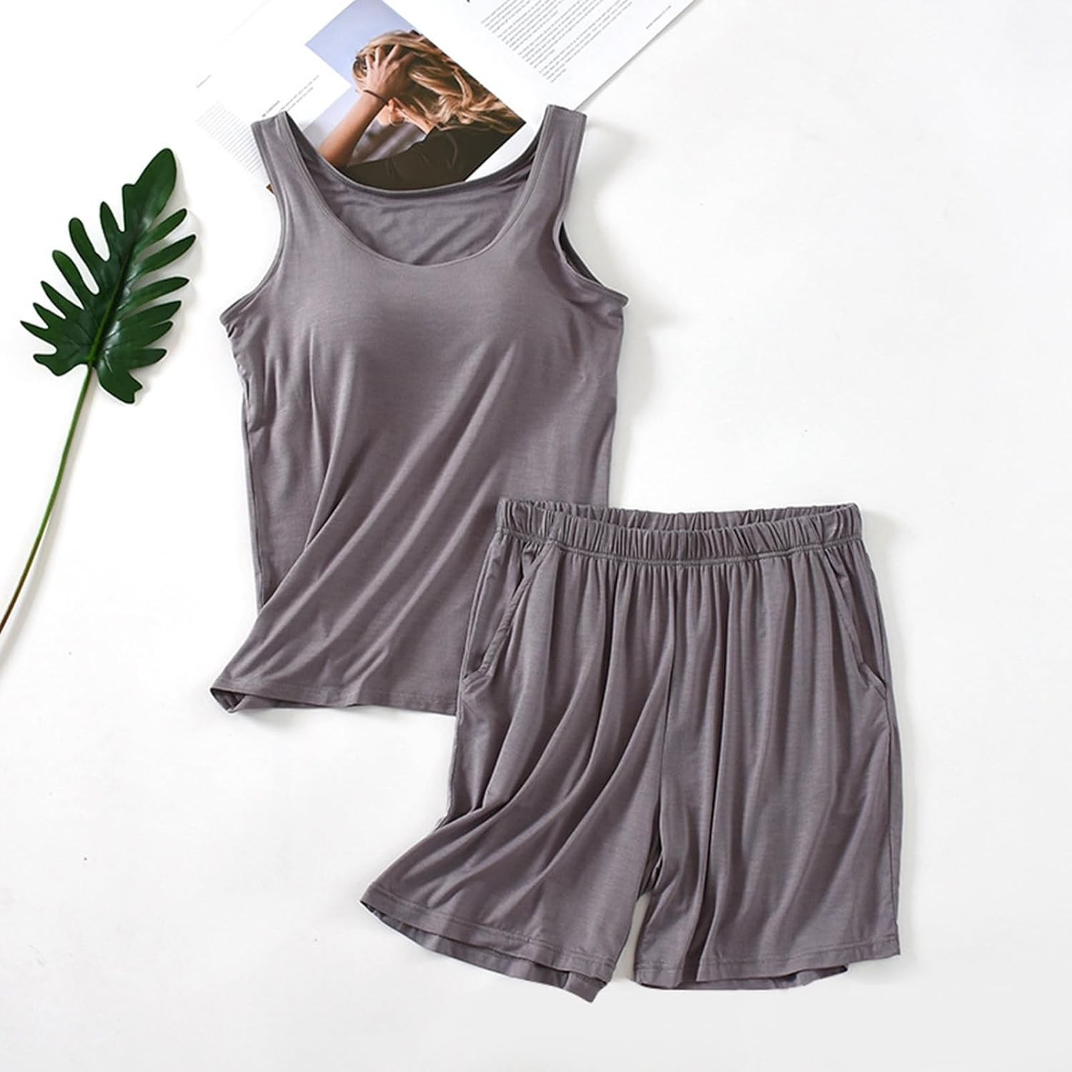 Ladies Summer Pajamas Sets 2Piece Tank Top with Built In Bra for Women Loungewear Tank Top & Shorts Sleepwear - Image 3