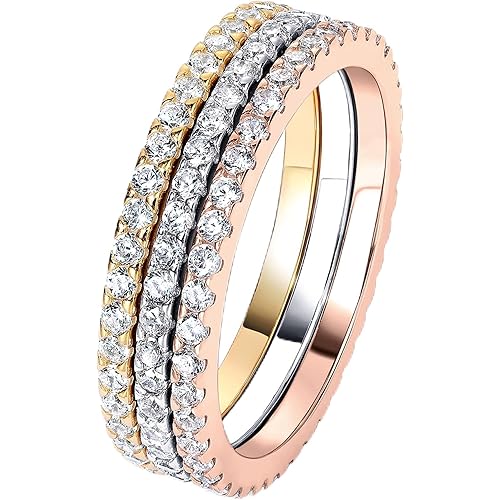 PAVOI Gold Plated Solid 925 Sterling Silver CZ Simulated Diamond Stackable Ring Eternity Bands for Women