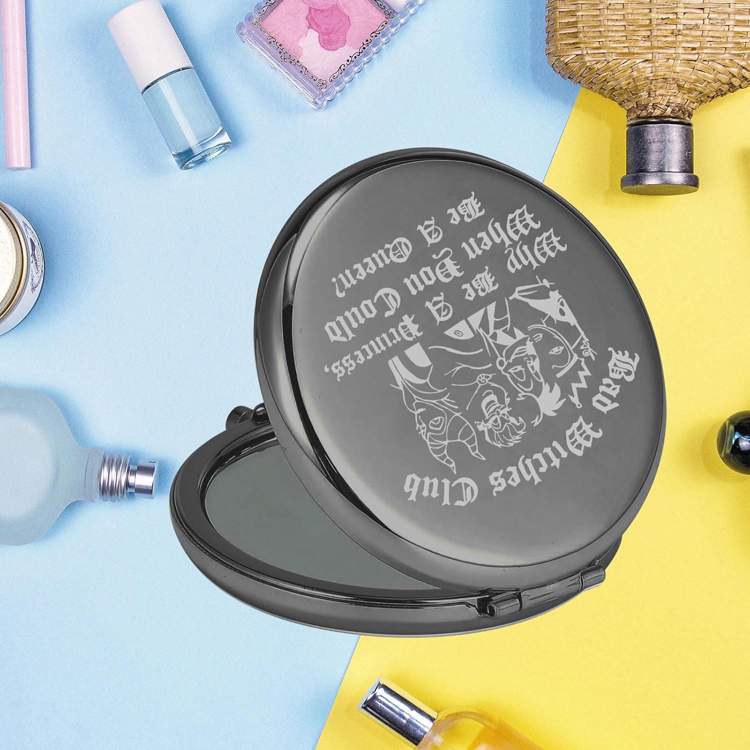 KEYCHIN Villains Club Pocket Mirror Evil Queen Fans Gifts Bad Witches Club When Be A Princess When You Could Be A Queen Compact Makeup Mirror (Bad Witches-BL) image 4