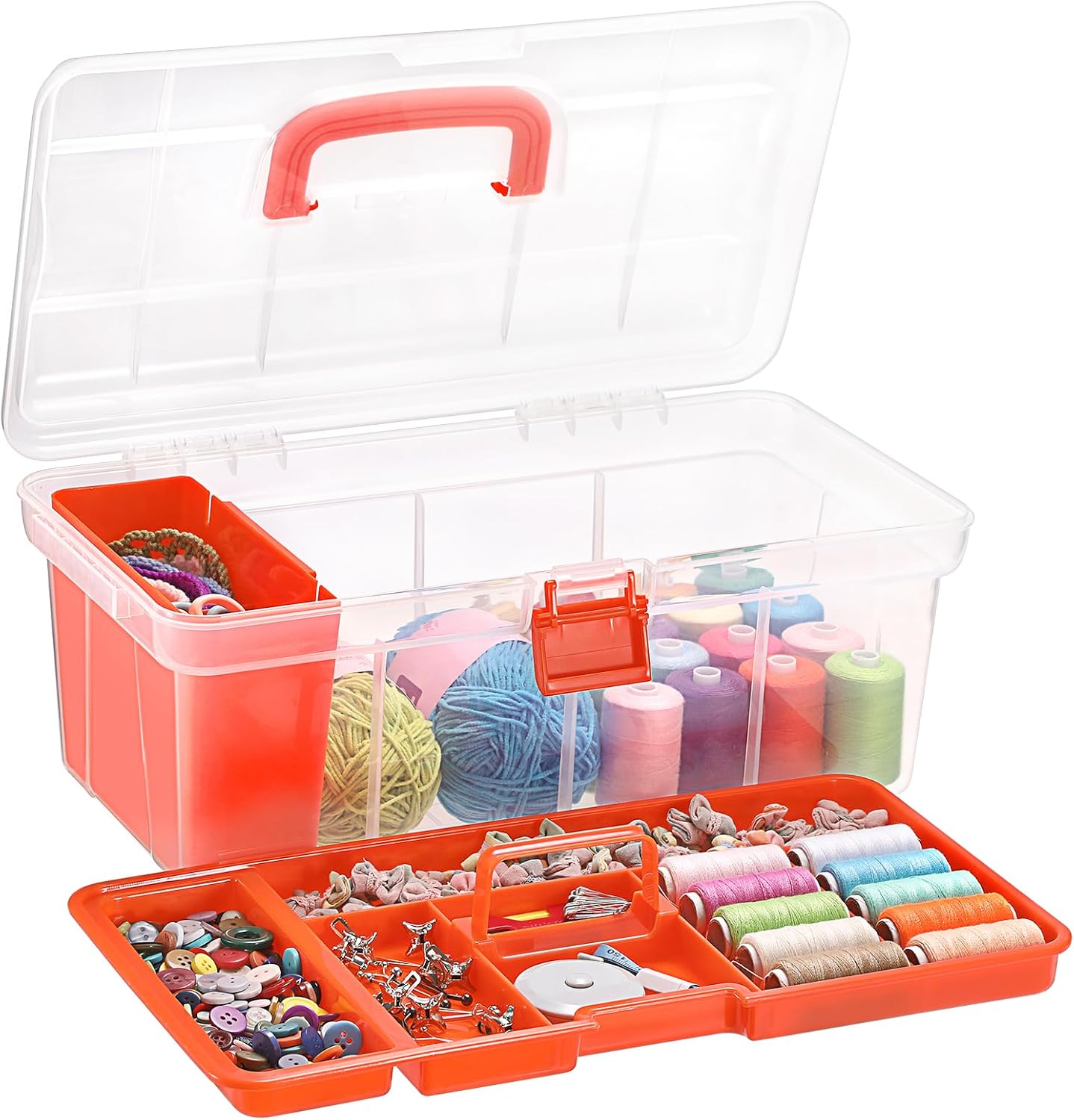 BTSKY 15 Inch Large Capacity Portable Clear Sewing Storage Box - with Removable Compartment Tray, Multi-Layer Sorting Organizer for Thread/Buttons/Tools/Craft DIY, Orange