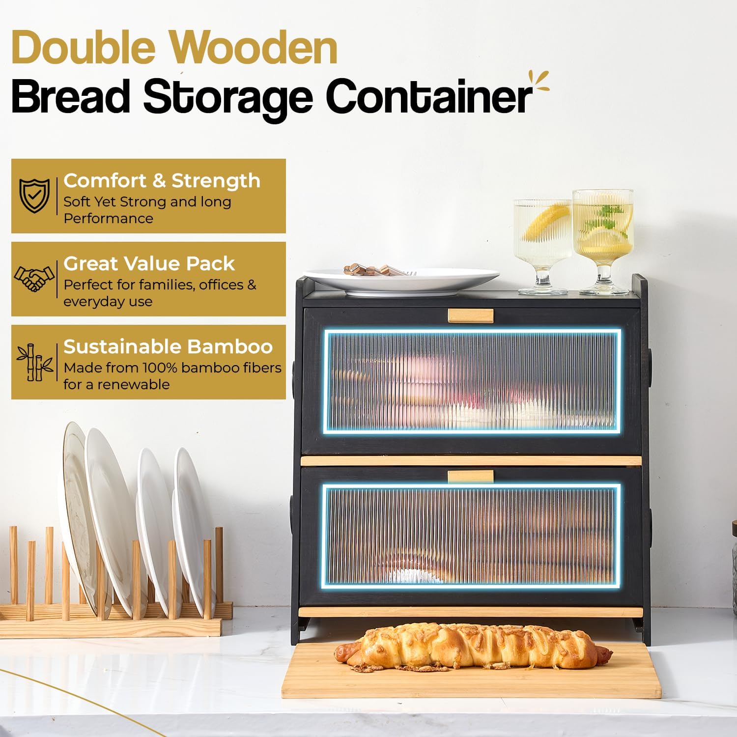 2-Tier Large Bread Box for Kitchen Countertop - Double Wooden Bread Storage Container with Bamboo Cutting Board & Adjustable Air Vents, Midnight Black (Space Saving Corner Bread Box)