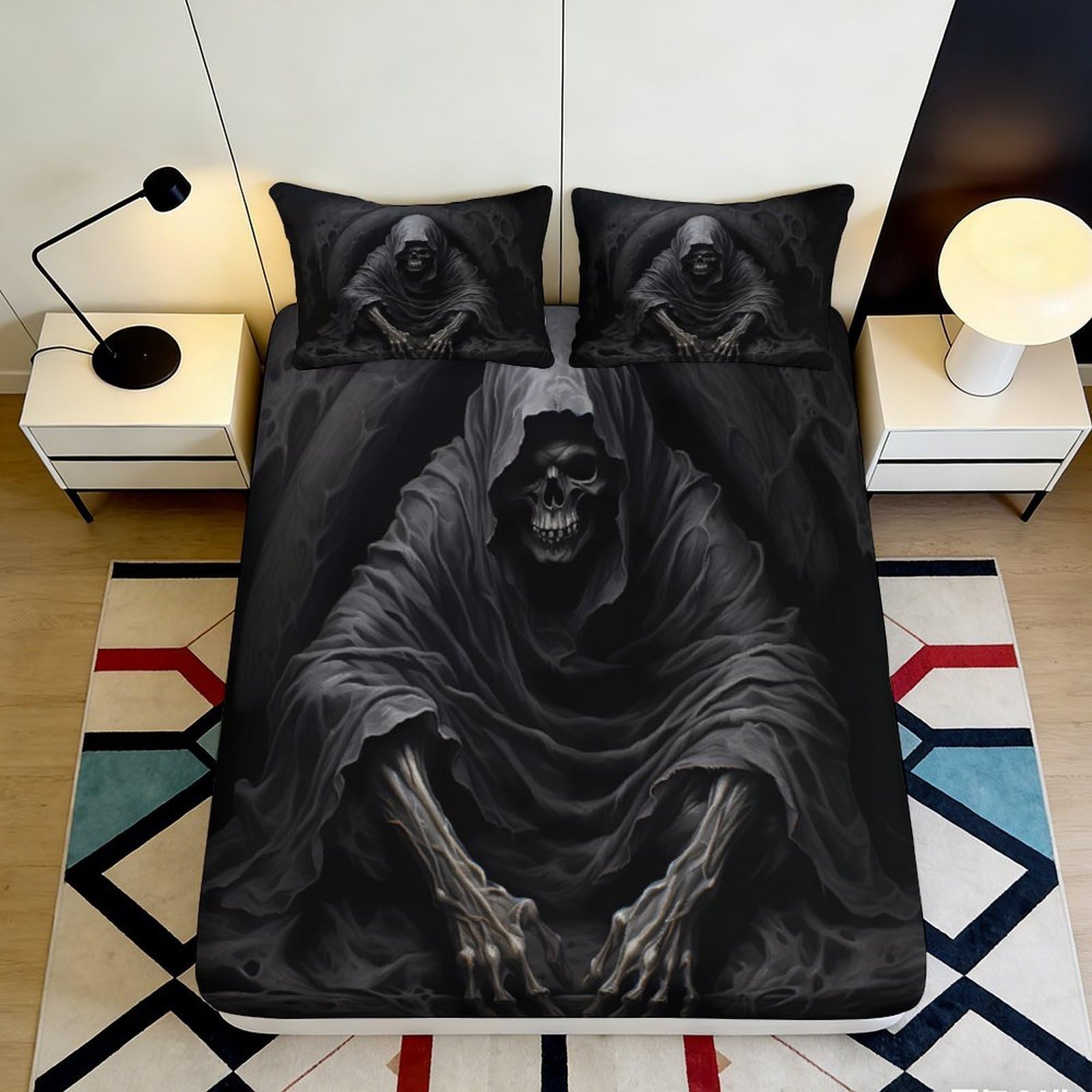 Uynsixtme Style-7 3D Printed Gothic Skull Fitted Sheet Microfiber Non-Slip Deep Pocket Skeleton Mattress Fitted Cover Full Wrap Washable For Bedroom Adults Teens 140X200x25cm