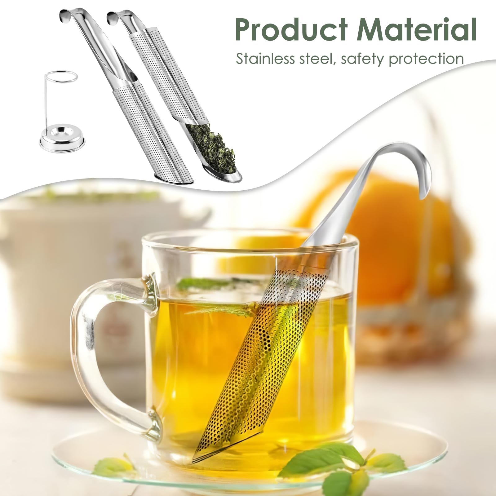 BendJoy® Tea Strainer Stainless Steel with Storage Holder, Pipe-Shaped Tea Infuser, Tea Filter with Hanging Hook for Loose Tea, Coffee, Spice, and Herbs 1