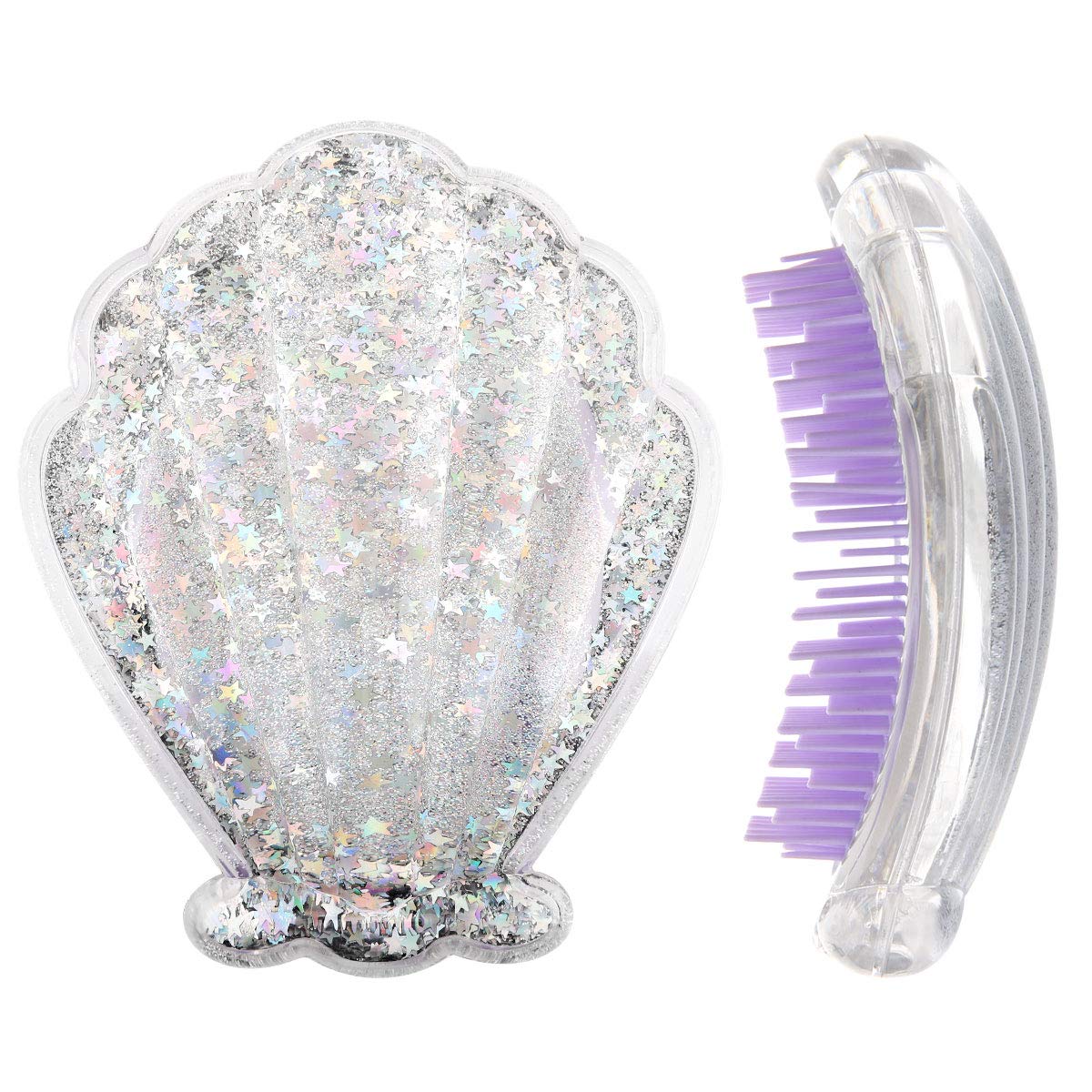Mermaid Detangling Hair Brush, Luxspire Hair Brush for Girls Kids Woman, Shell Glitter Comb Hairbrush Massage Scalp, Dry & Wet Hair Brush, No More Tangle Hair Brush, Toddler Hair Brush - Silver