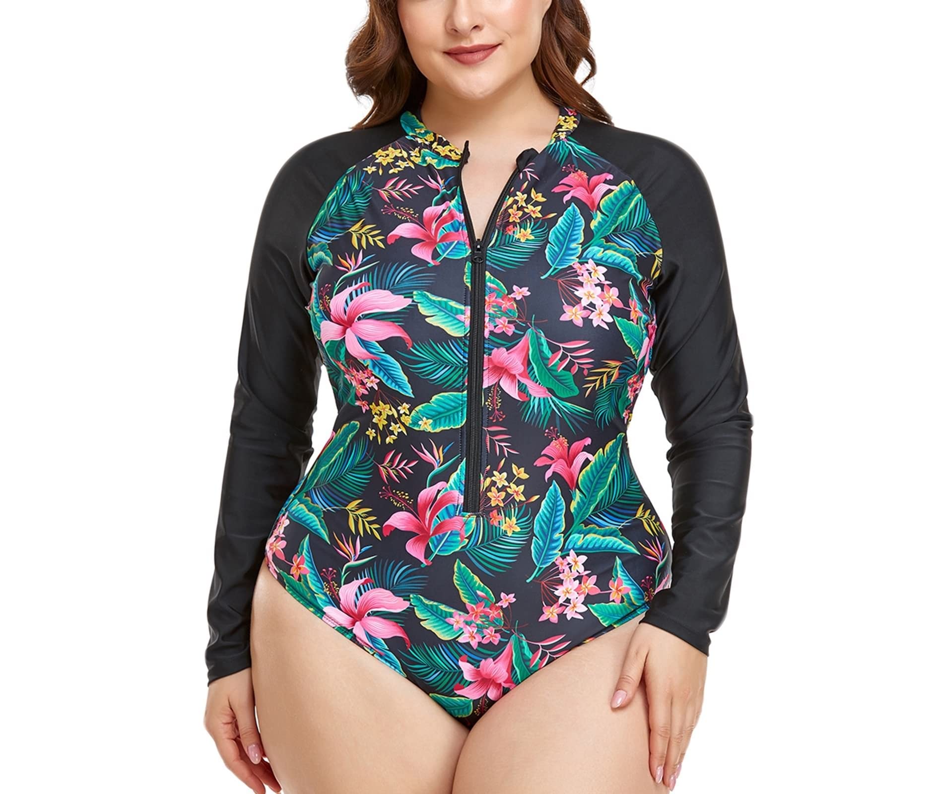 1 pezzo costumi da bagno controllo pancia, costume da bagno manica lunga donna foglie tropicali e fiori poliestere plus size costume da bagno
