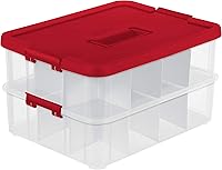 Vista 6 de Caja de almacenamiento Stack & Carry de Sterilite 1427. Caja de 2 niveles para adornos, con asa y tapa roja, caja transparentes (2 unidades)