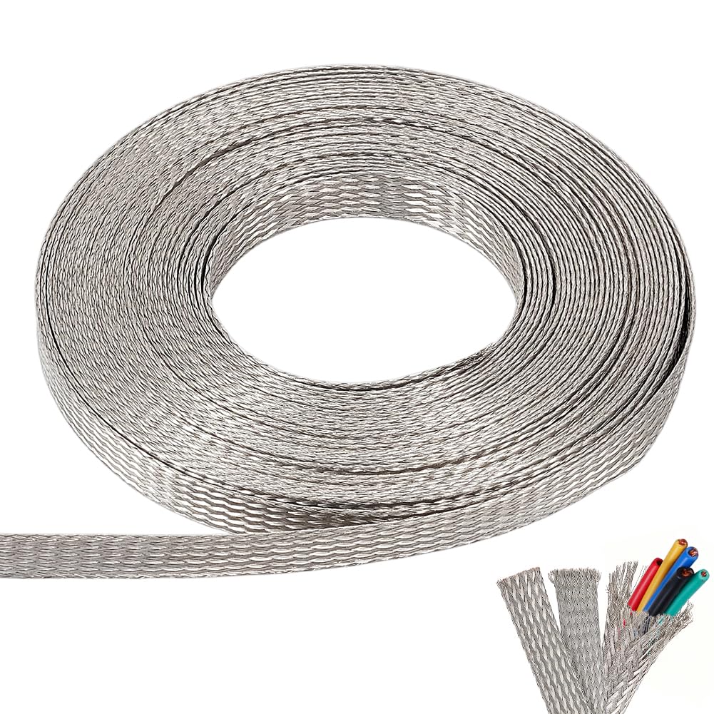 NBEADS Guaine per Cavi Intrecciate In Rame Stagnato Da 8m, Manicotto di Schermatura A Rete Piatta Color Platino Largo 10mm Copertura Protettiva per Cavi per La Protezione Dai Disturbi Del Filo