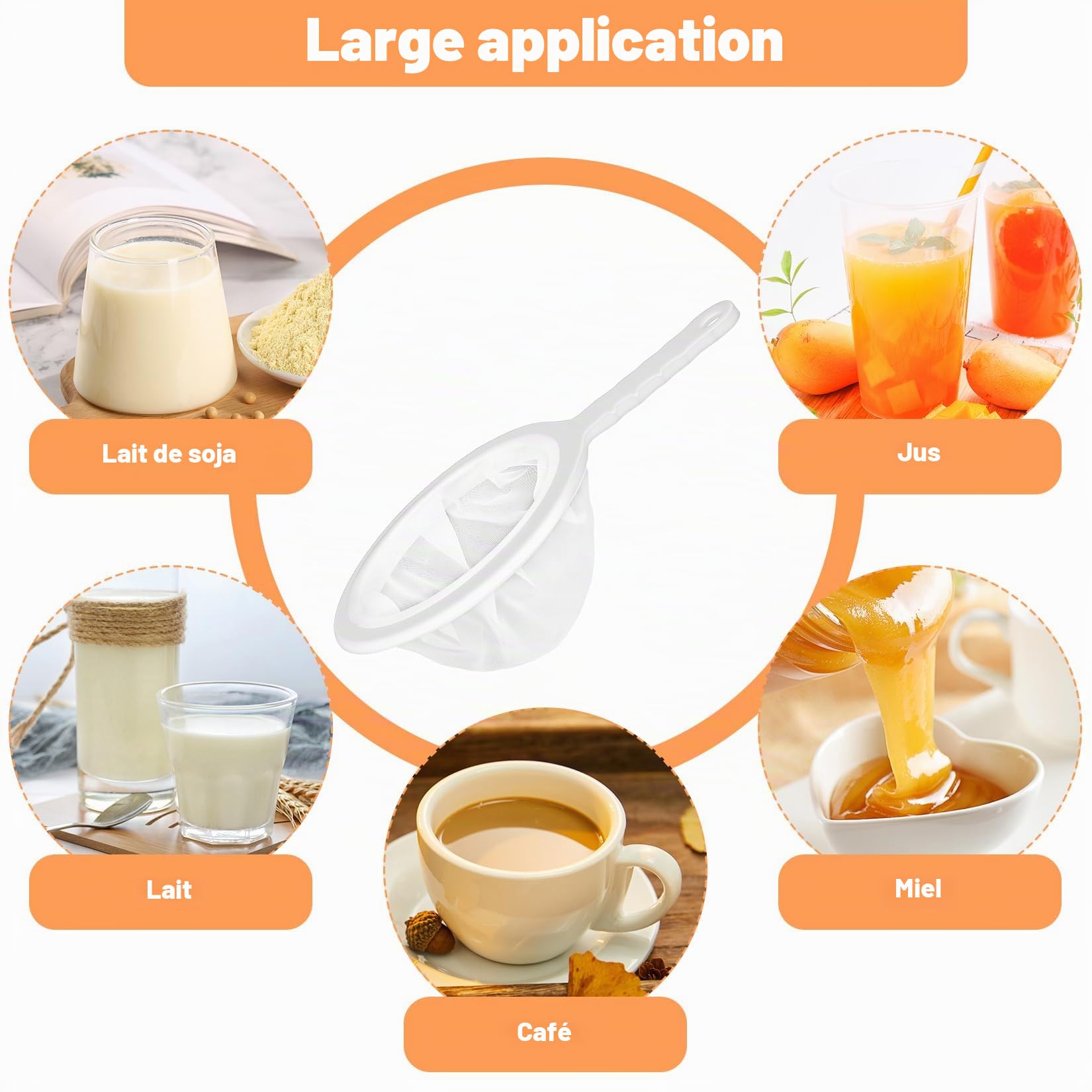 Filtre à Tamis Fin avec Poignée, Alimentaire Filtres en Nylon, 100/200/300/400 Mailles Tamis Cuisine pour Filtrage Jus Lait Café