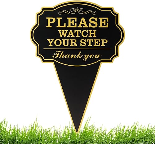 Please Watch Your Step Garden Yard Sign, 10"x14" Double Sided Caution Watch Your Step Garden with Stake, Metal Safety Sign for Walkway or Lawn(COLOR:Black)