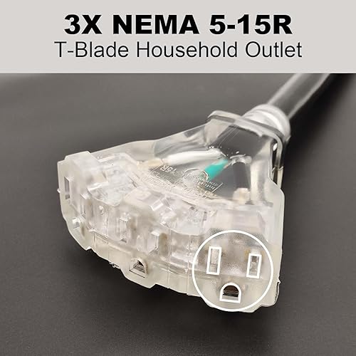 Miniatura 4 de CircleCord Cable adaptador de distribución de secadora de 4 clavijas, 30 amperios a 110 V, NEMA 14-30P macho a 3X 5-15R T-Blade hembra con indicador