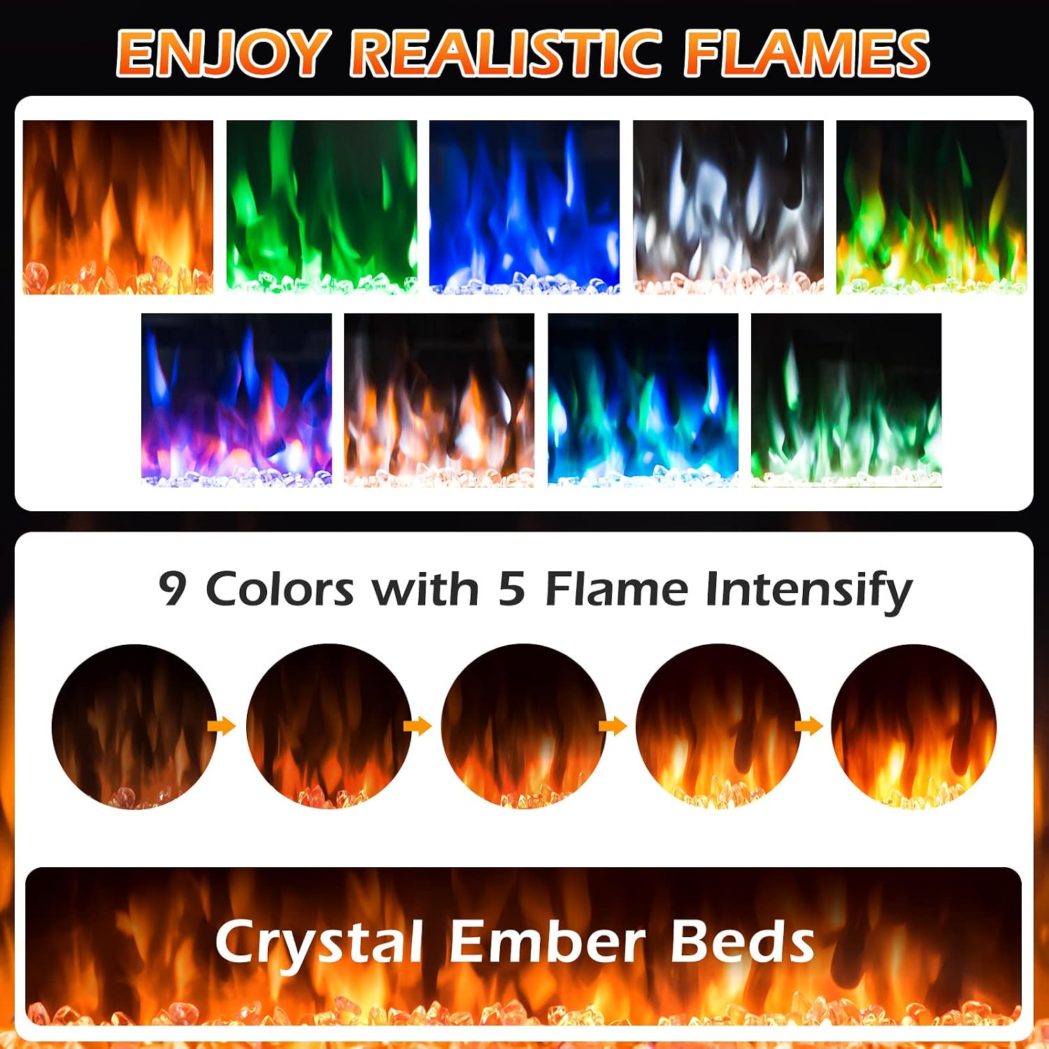 A collage of nine different flame color options and a graphic illustrating five levels of flame intensity, all displayed over crystal ember beds.