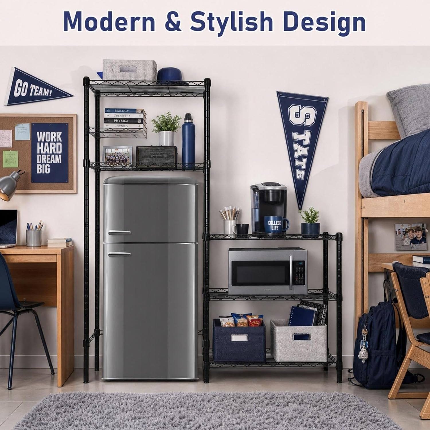 Mini Fridge Shelf Stand with Metal Storage 3 Shelf Add on Standard for Dorm Microwave Stand Over Mini Fridge Storage Adjustable Height Organizer for College Rooms Kitchen(Black)
