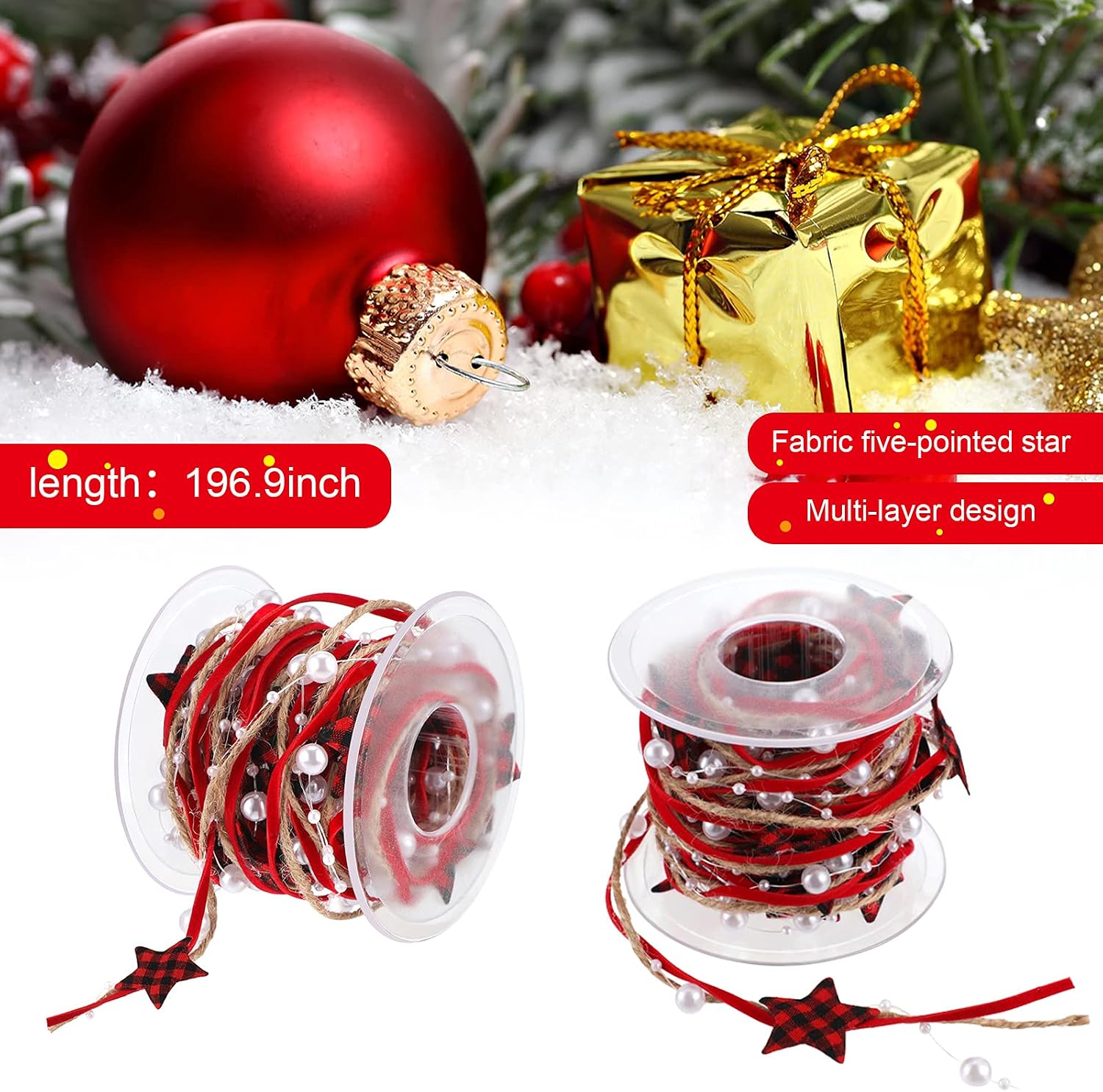 Jutom 16.4ft Wedding Beads Ribbon Wired Embellishments for Gifts Crafts Tree Ribbon Pentagram Pearl Chain Rope Decoration for Party DIY Wrapping(Red and Black)