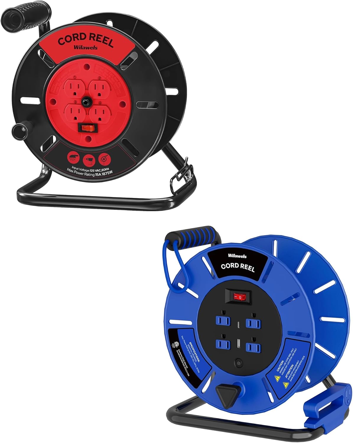 Extension Cord Storage Reel with 4-Grounded Outlets and Extension Cord Storage Reel with 4-Grounded Outlet & 2 USB Port Bundle, for Hand Wind Retractable R95CR06-U85CR06