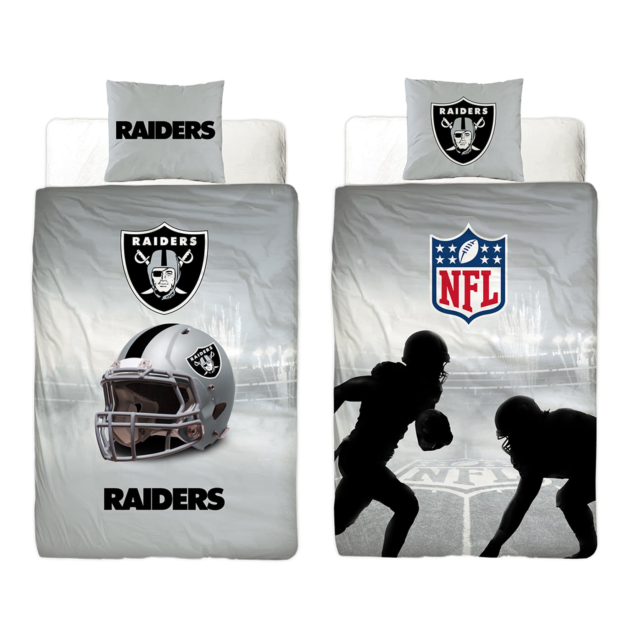 BERONAGE NFL Bettwäsche Las Vegas Raiders 135 x 200 cm + 80 x 80 cm 100% Baumwolle Renforcé-Linon-Qualität Reißverschluss American Football Fan Super Bowl Allegiant Rusher Wende-Bezug deutsche Größe