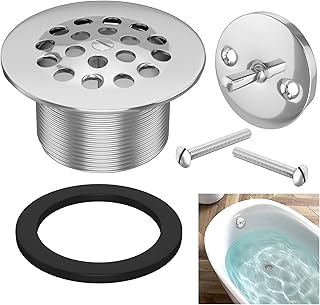 Trip Lever Tub Trim Kit Set with Two Hole Overflow Face Plate, Premium Brass Trip Lever Bathtub Drain w/Strainer, Bathtub Drain Assembly Stopper Kit Overflow Plate and Matching Screws, Brushed Nickel