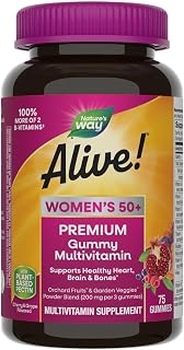 Nature’s Way Alive! Women’s 50+ Premium Gummy Multivitamin, Supports Healthy Heart, Brain & Bones*, B-Vitamins, Gluten-Free, Vegetarian, Grape and Cherry Flavored, 75 Gummies (Packaging May Vary)