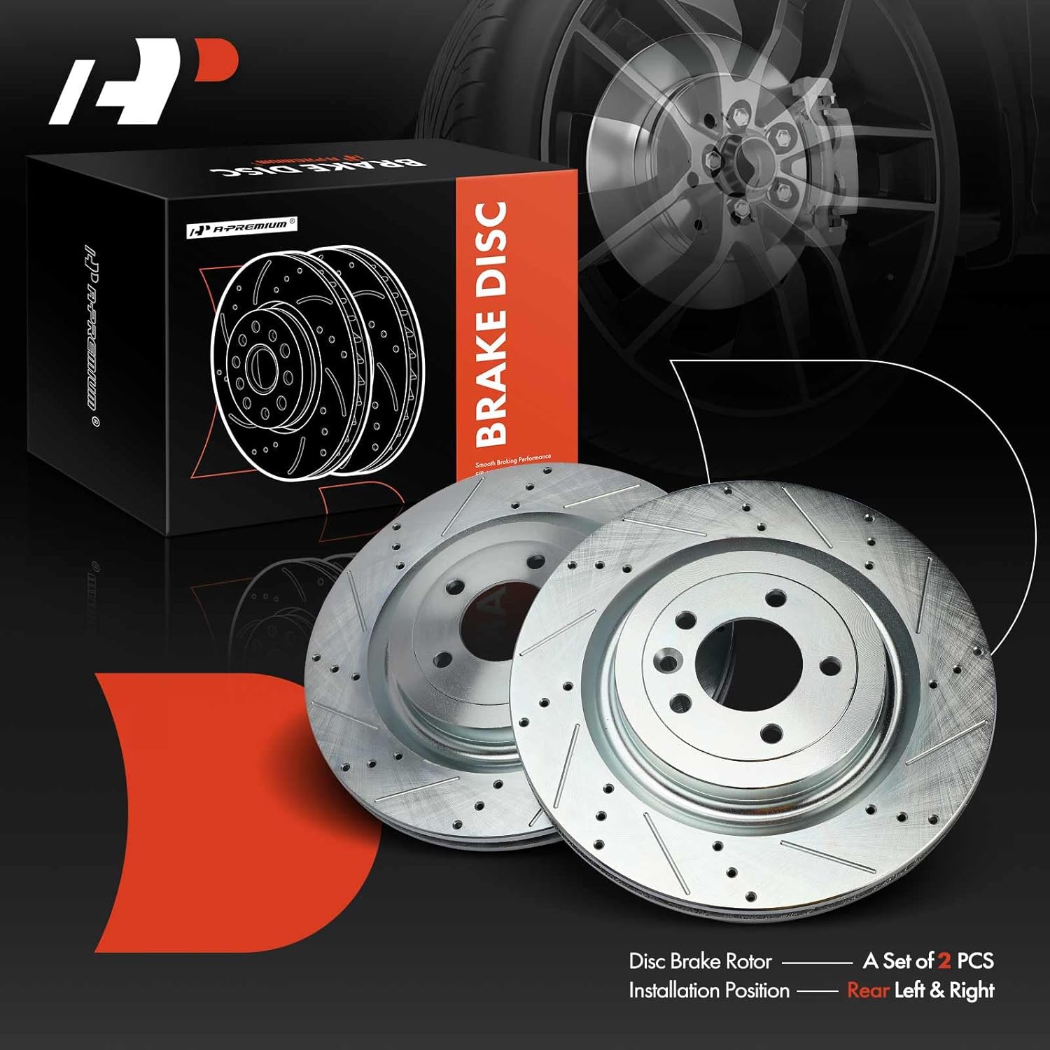 A-Premium 14.37 inch (365mm) Rear Drilled and Slotted Disc Brake Rotors Compatible with Select Land Rover Models - Range Rover 2013-2019, Range Rover Sport 2014-2020, Discovery, Defender 90, 2-PC Set