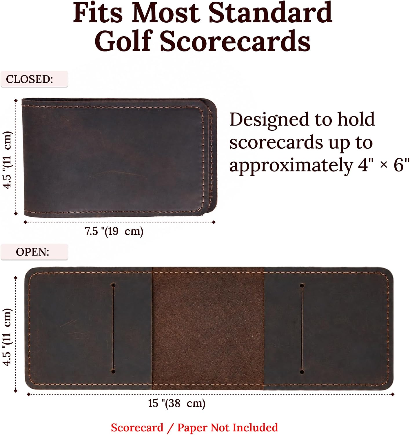 Full-Grain Leather Golf Scorecard Holder & Yardage Book Cover, Handmade Golf Scorecard Wallet Case, Compact Golf Accessories Gift for Men, 7.5 x 4.5 Inch, Brown image 3