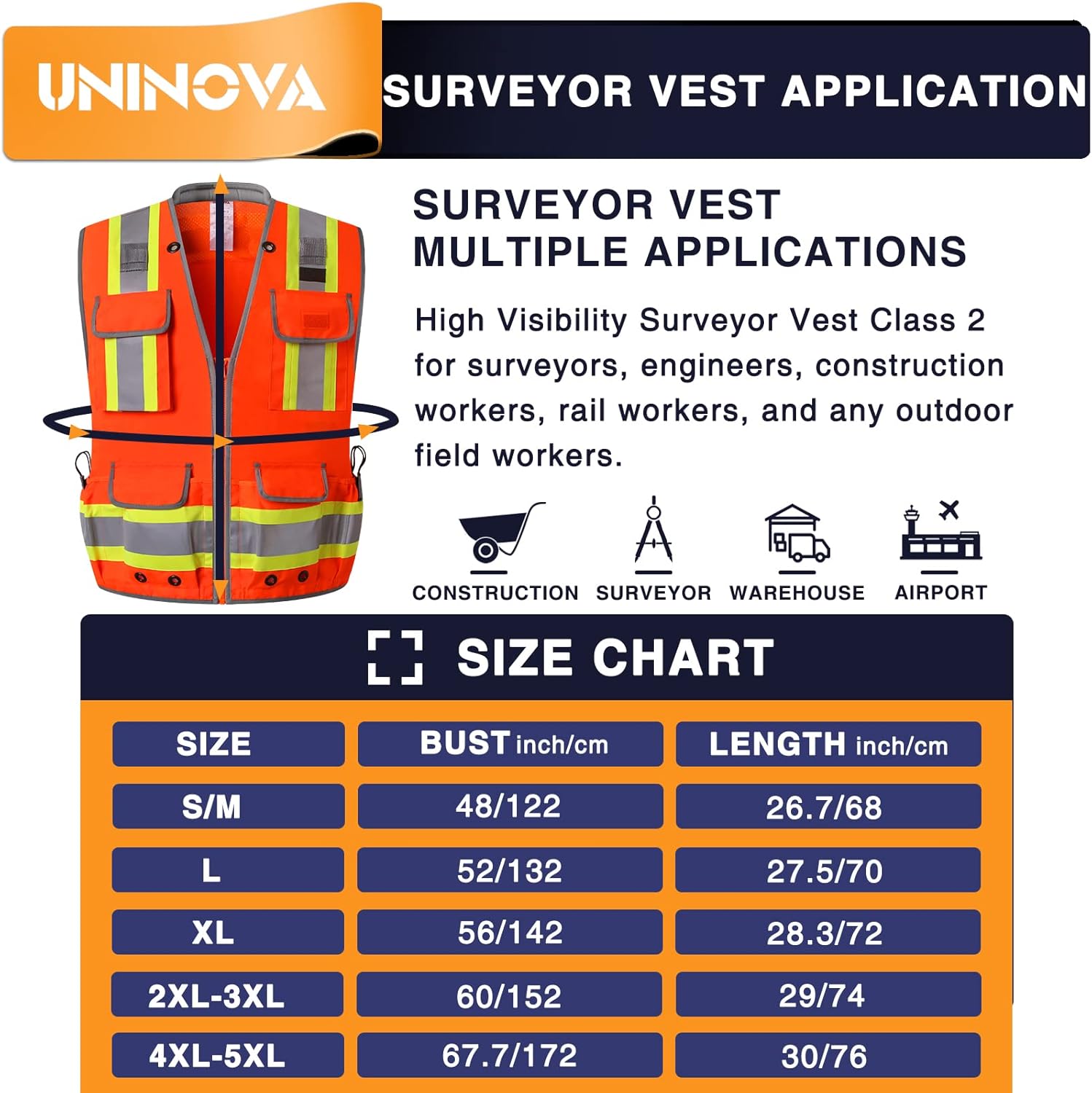UNINOVA Surveyor Safety Vest Reflective for Men,Class 2 Heavy Duty Safety Vests Reflective with Pockets and Zipper - Image 3