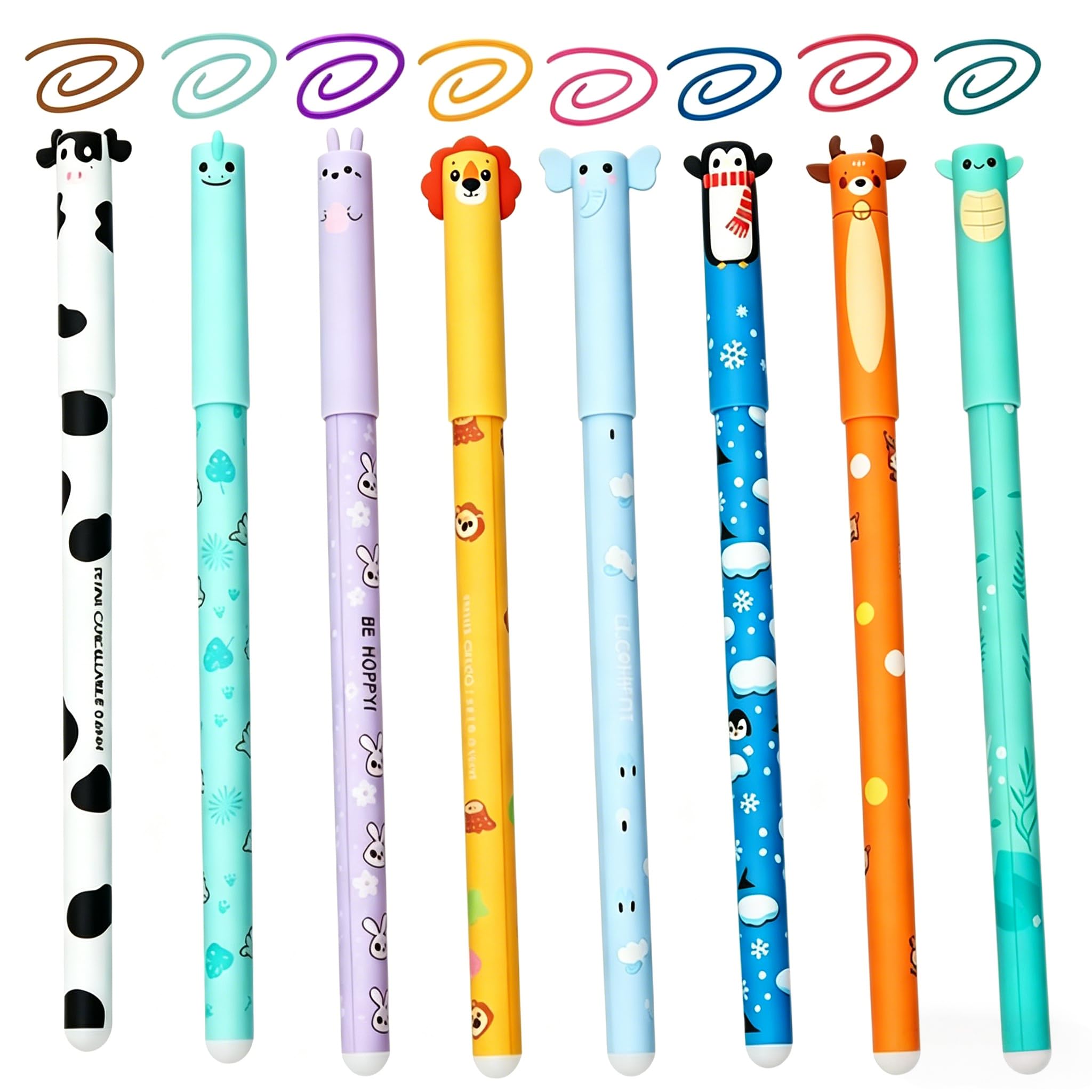 Set of 8 Erasable Gel Pens with Thermosensitive Ink, 0.7mm Tip,Animal Pens,Cute Pens Animal Designs (Shapes: Elephant, Deer, Lion, Cow, Turtle, Penguin, Rabbit, Dinosaur) for Writing & Note Taking