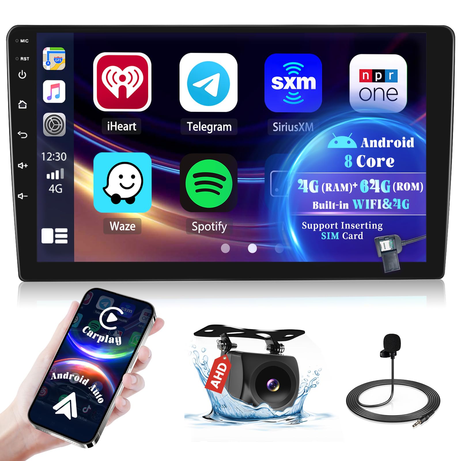 Ohradio 8 Núcleo/4G+64G/Carte SIM Android 15 Radio Coche 2 DIN con Carplay Inalámbrico Android Auto Inalámbrico, 9" Pantalla Táctil con WiFi 4G SIM GPS RDS Am FM Radio DSP USB SWC Cámara Trasera