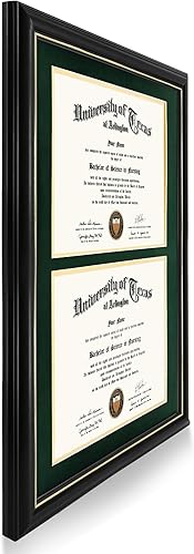 Miniatura 4 de GraduationMall Marco de diploma doble de 8.5 x 11 pulgadas, madera maciza y acrílico con protección UV, acabado negro con borde dorado, verde bosque