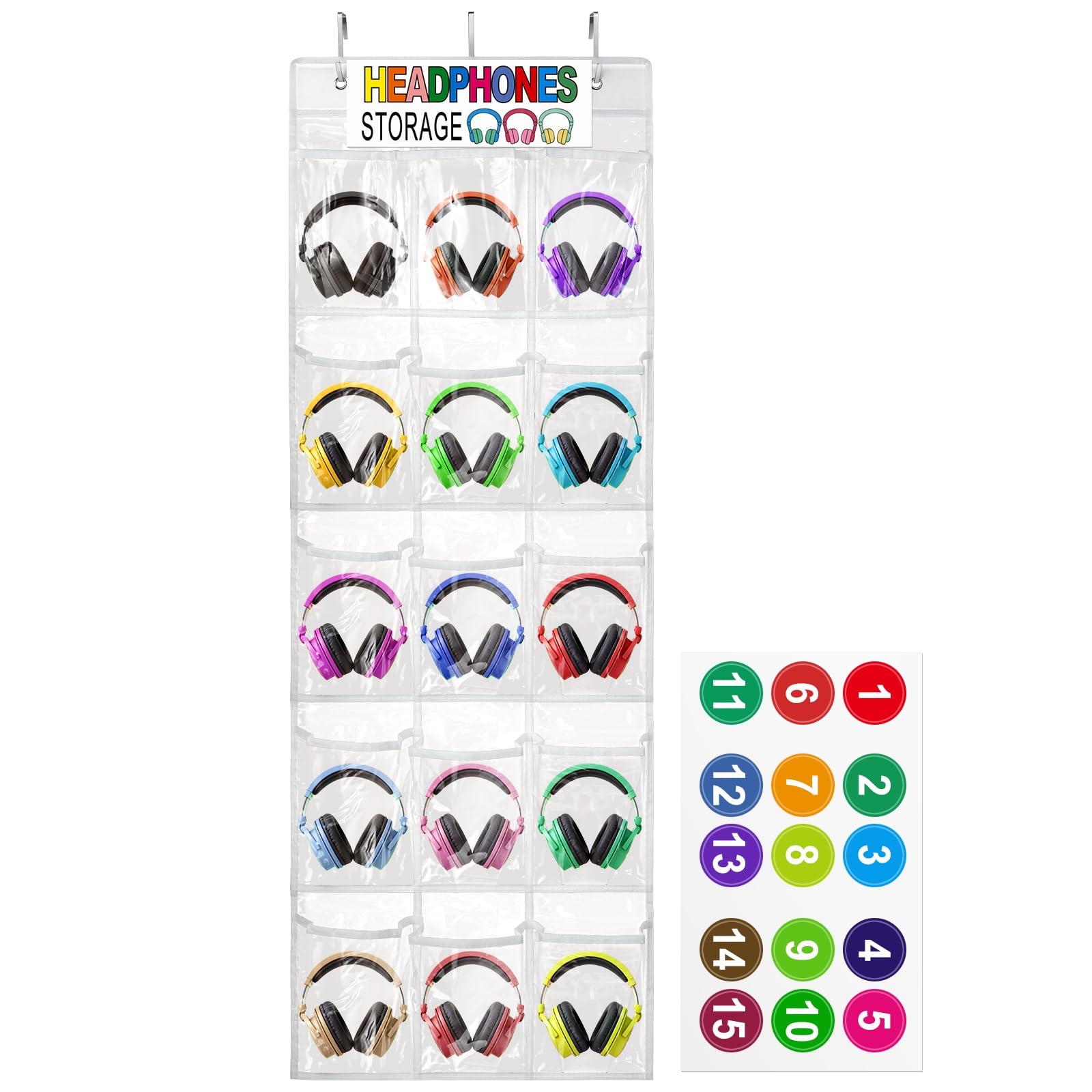ProtectHobby Headphone Storage Classroom Headphone Organizer 15 Pockets PVC Clear Organizer Holder for School Cell Phones Calculators, with Headphone Storage Stickers & Digital Stickers