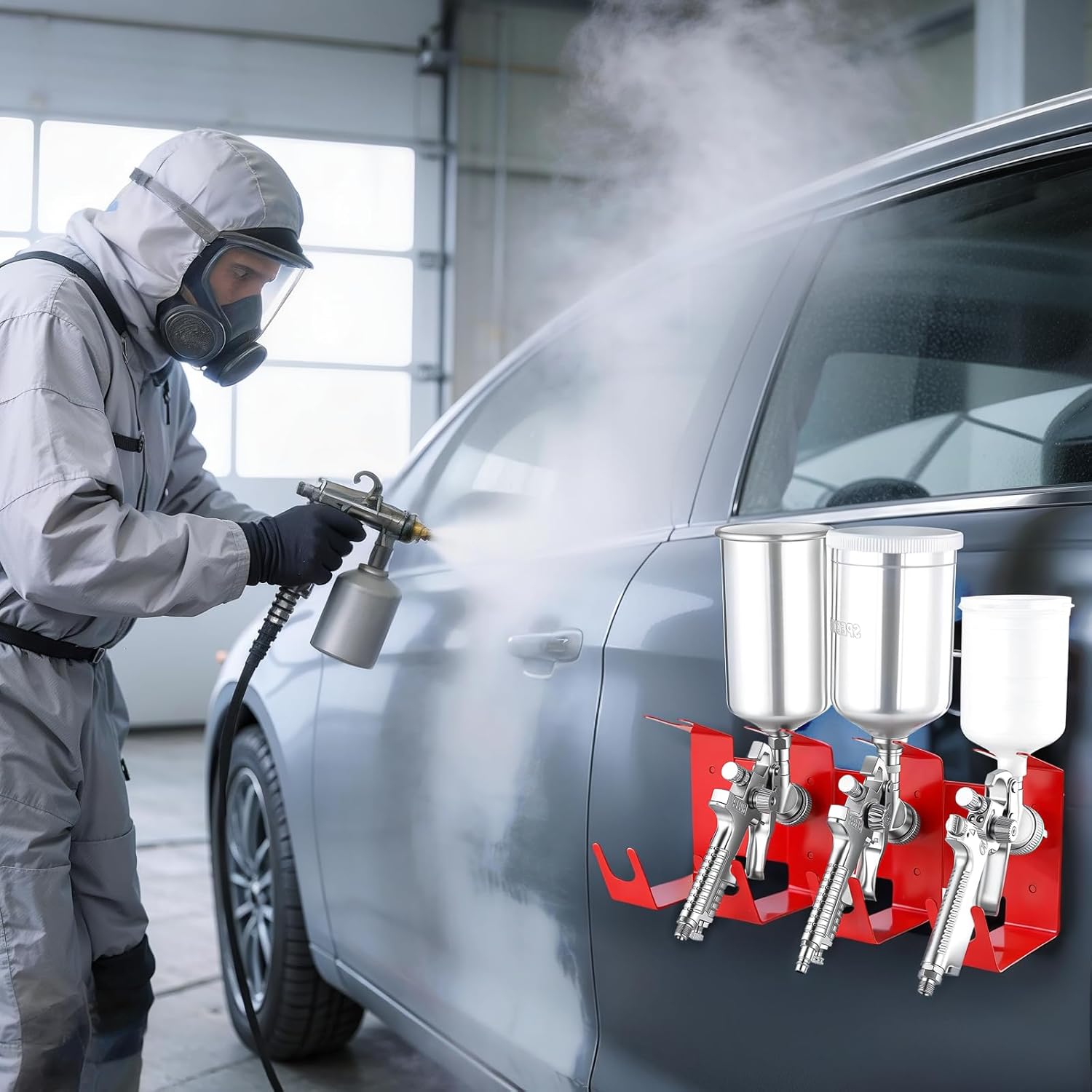 Magnetic Paint Spray Gun Holder Stand, Holds 4 Gravity Feed, Attach to Any Ferrous Metal Surface, Spray Booth, Paint Mix Room Wall, Garage Workstation Cabinet