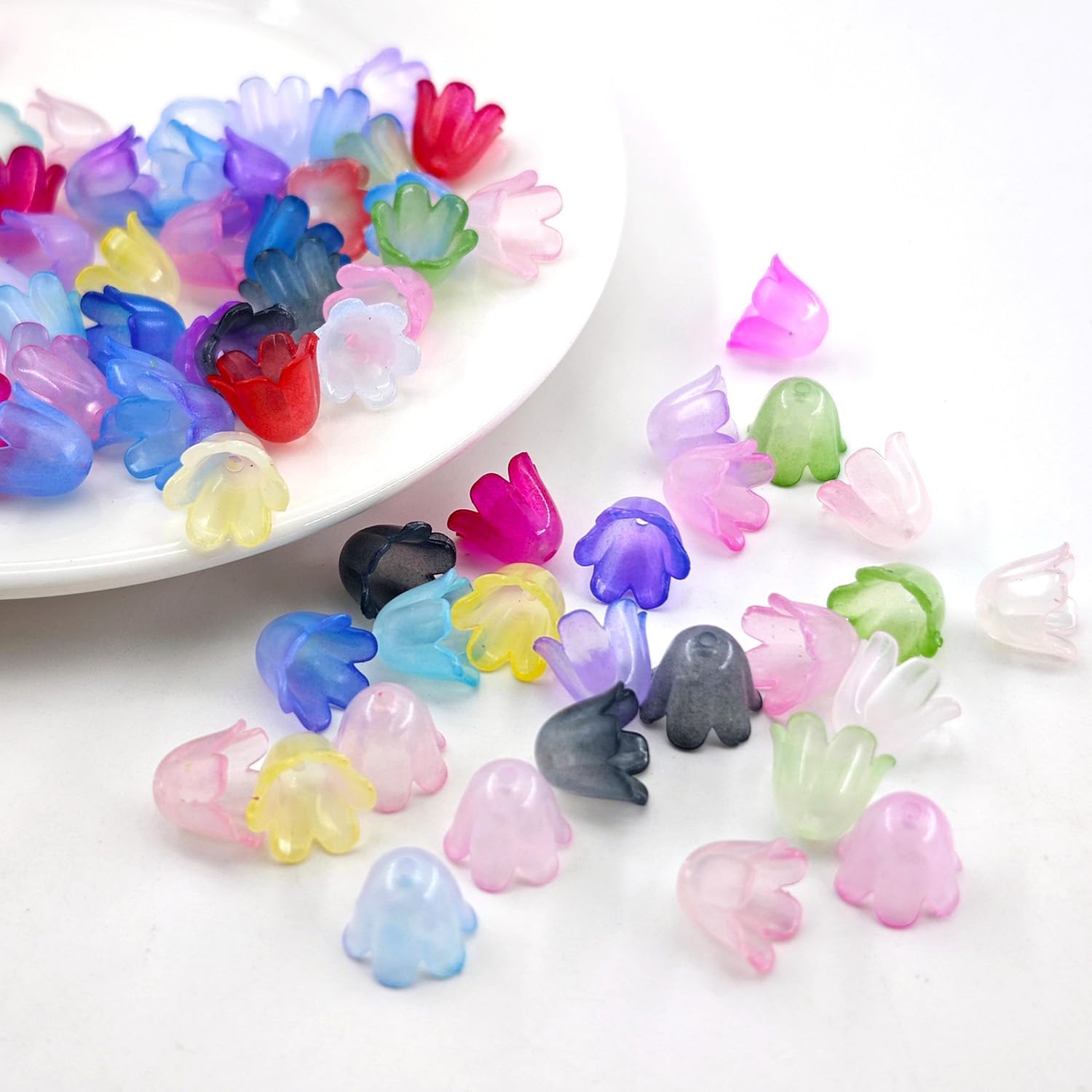 300pcs Acrylic Flower Beads, Assorted Color Bellflower Cute Cap Flower Beads for Floral Charms Crafts,Bracelets, Necklaces, Jewelry Making